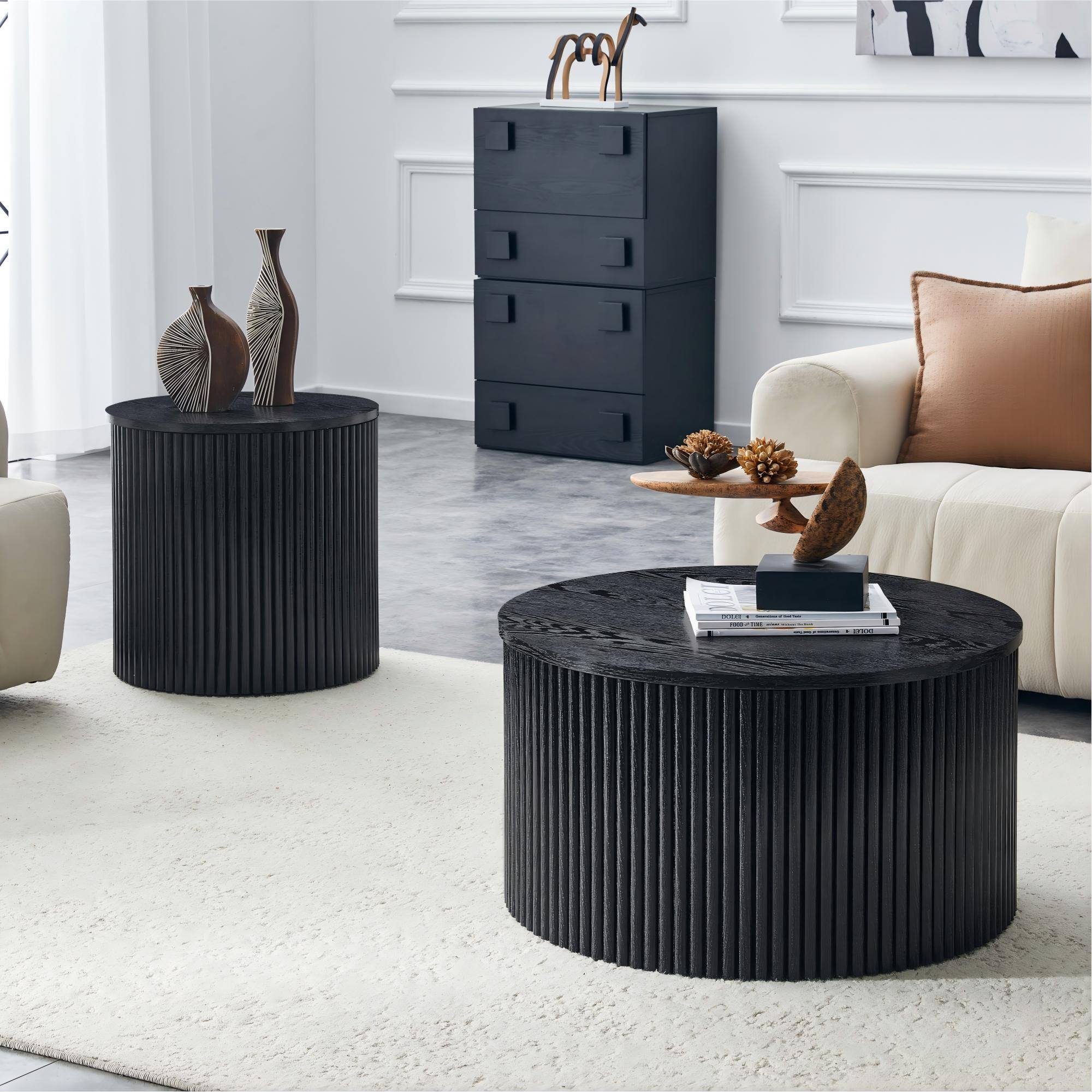 Angle. Loheer - Loheer- 2.6ft Black Nesting Coffee Table Set Roman Column Round Storage Side Tables for Living Room - Black Woodgrain.