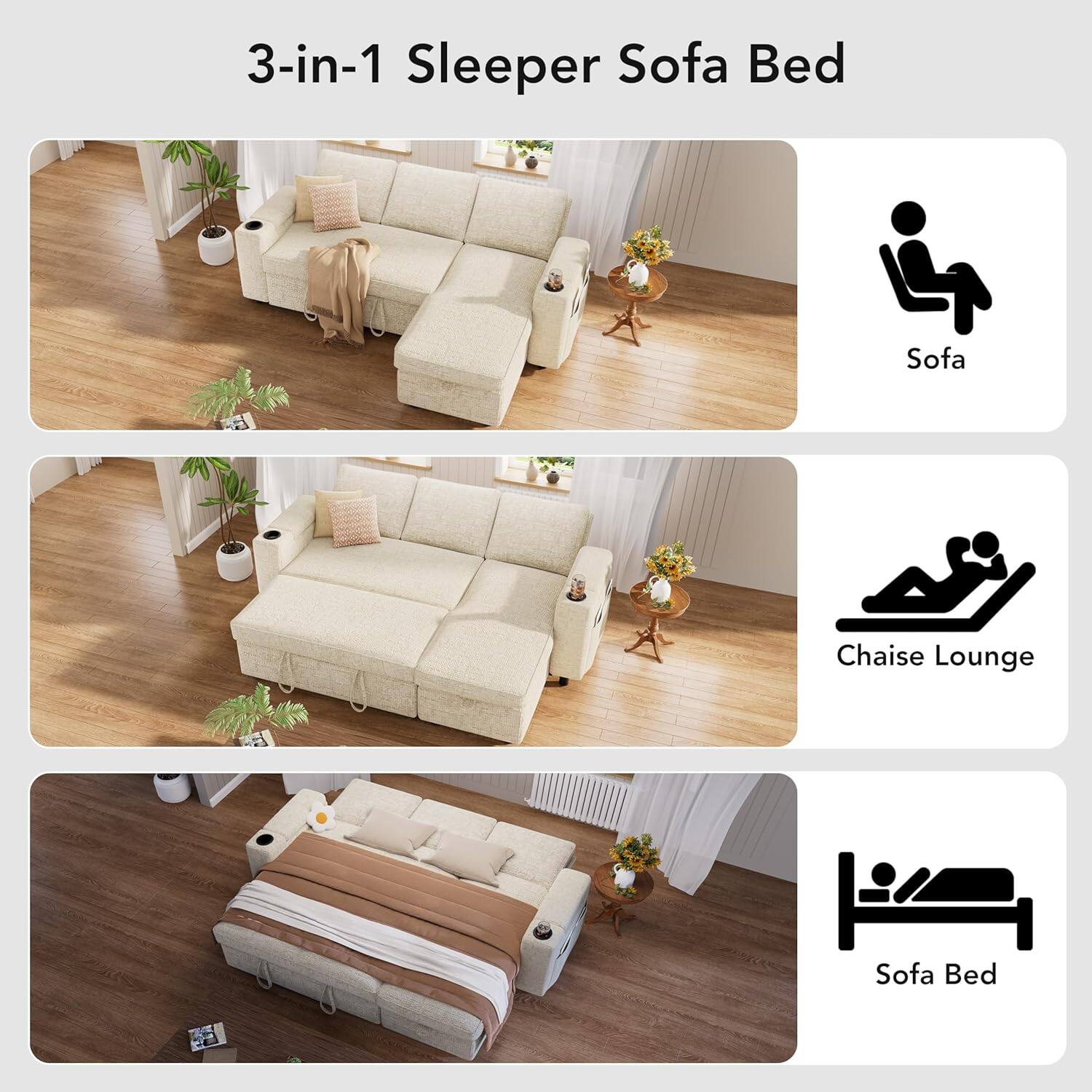 3-in-1 Sleeper Sofa Bed

- Sofa
- Chaise Lounge
- Sofa Bed