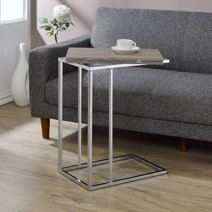 Front. GOODSILO - Contemporary Weathered Oak Finish Accent Table with Chrome Base and Folding Extension Top for Modern Living Spaces - Oak.