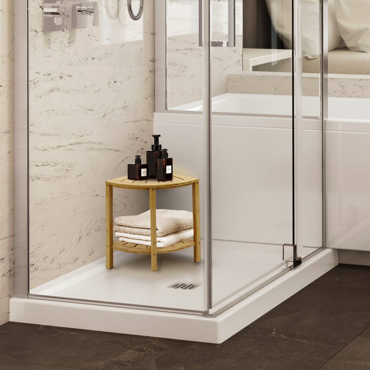 Alt View 4. Sorbus - Sorbus Corner Shower Stool Teak Bench with Shelf — 2-Tier Wood Storage & Seat for Bathroom, Shower, Spa, Sauna - Brown.