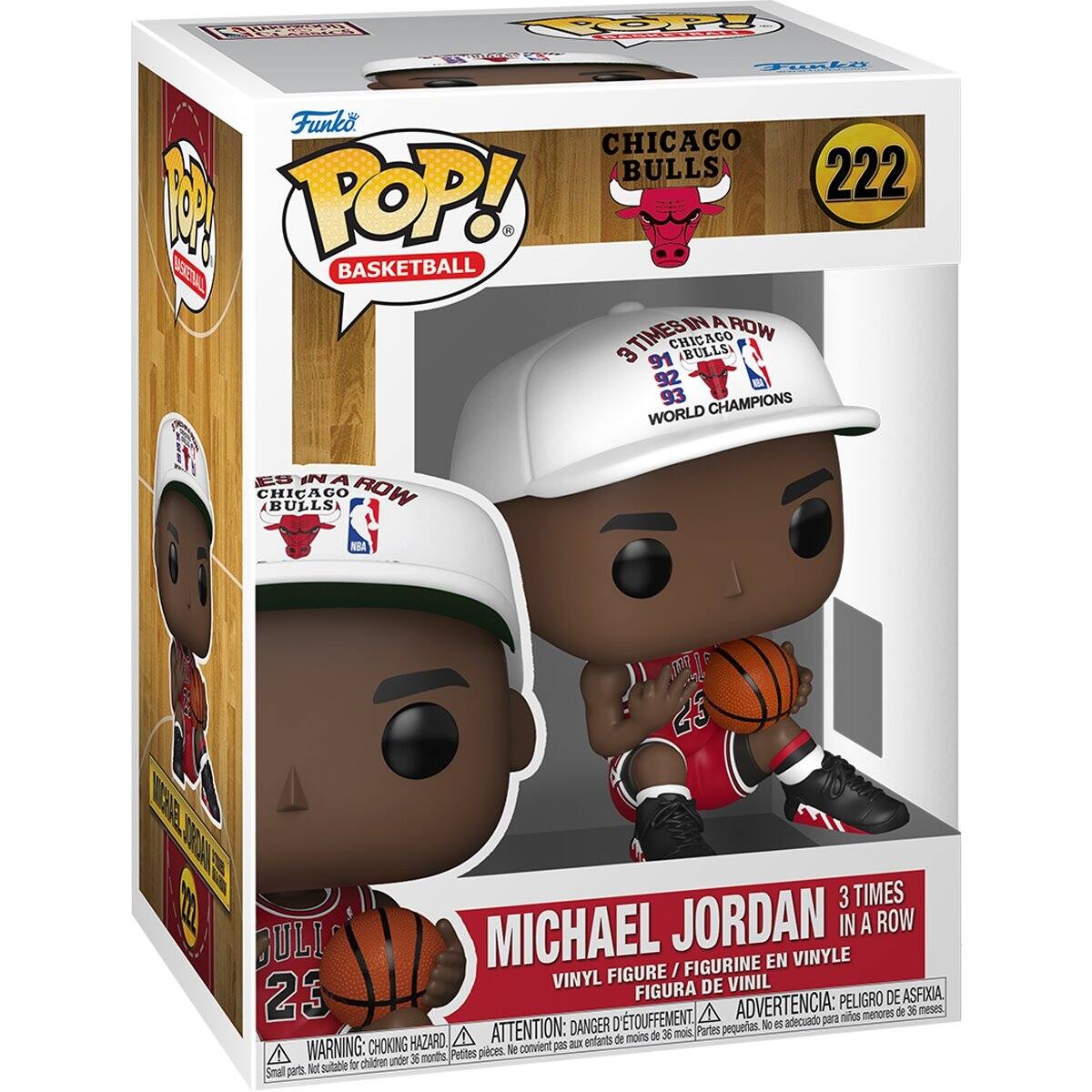 Funko POP! Basketball  
Chicago Bulls 222  
Michael Jordan  
3 Times in a Row  
Chicago Bulls 91 92 93 Champions  
World Champions  
Vinyl Figure / Figurine en Vinyle / Figura de Vinil  
Warning: Choking Hazard - Small parts. Not suitable for children under 36 months.  
Advertencia: Peligro de asfixia. No adecuado para niños menores de 36 meses.  
Attention: Danger - Petites pièces. Ne convient pas aux enfants de moins de 36 mois.