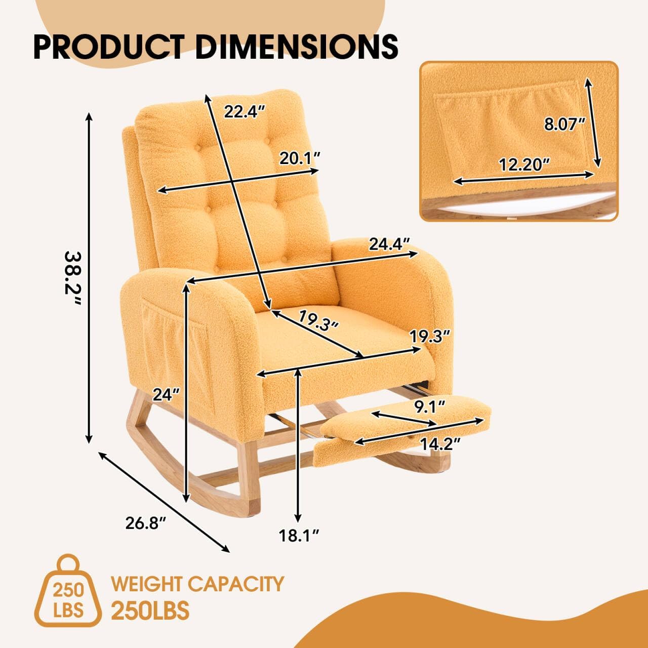 PRODUCT DIMENSIONS  
22.4" x 20.1" x 38.2" x 24.4" x 19.3" x 19.3" x 24" x 9.1" x 14.2" x 26.8" x 18.1"  
WEIGHT CAPACITY  
250 LBS