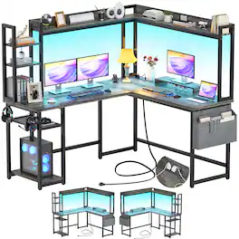Aheaplus - Gaming L-Desk With Power Outlets, LED Lights & Storage - Reversible Home Office Desk With Monitor Stand - Gray Oak
