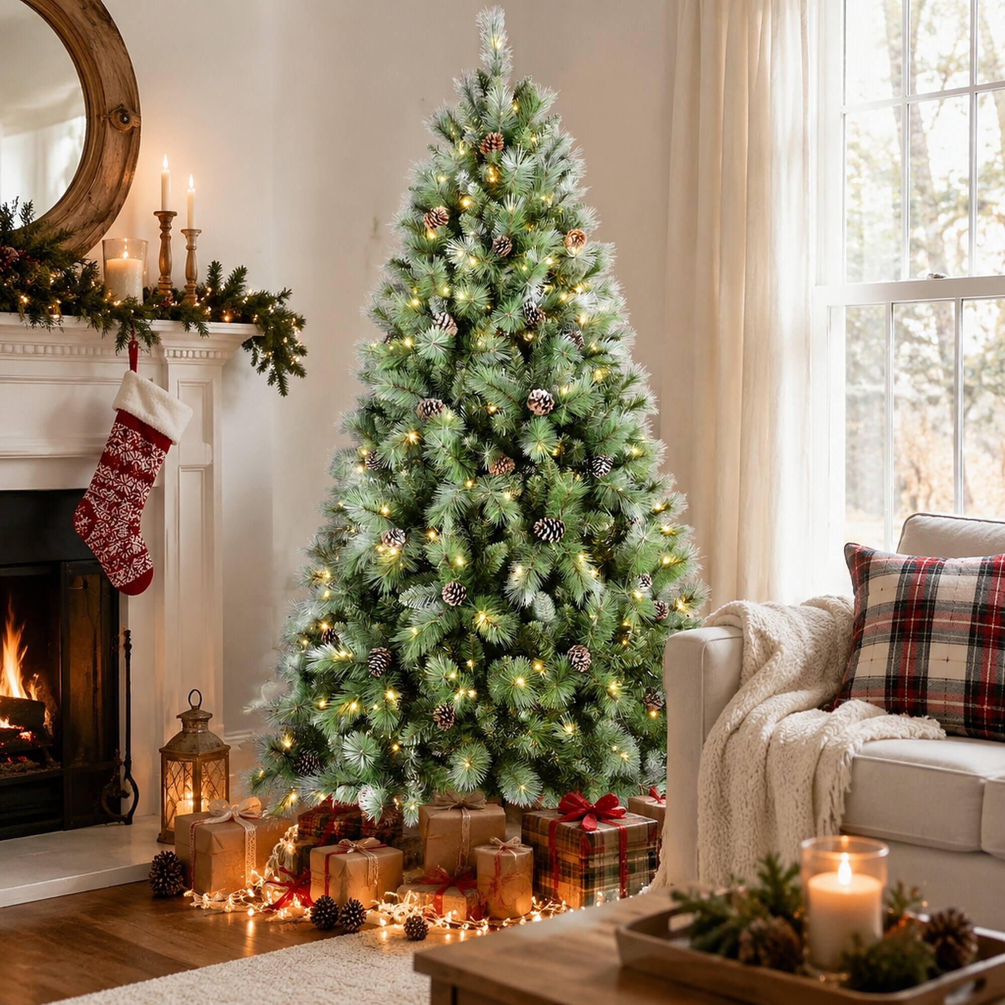 Angle. RYHNUYNE - 5FT Pre-Lit Christmas Tree, 200 Warm White LED Lights 694 PVC Hard Needle Tips 51 Pine Cones Hinged Branch Metal Stand - Green.