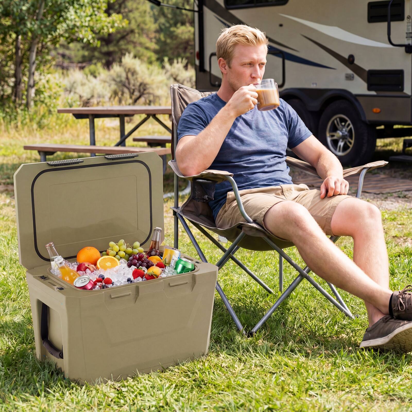 Alt View 3. Gymax - Gymax 37 QT Insulated Portable Cooler w/2 Cup Holders Bottle Opener & Drain Plug Tan - Multicolor.