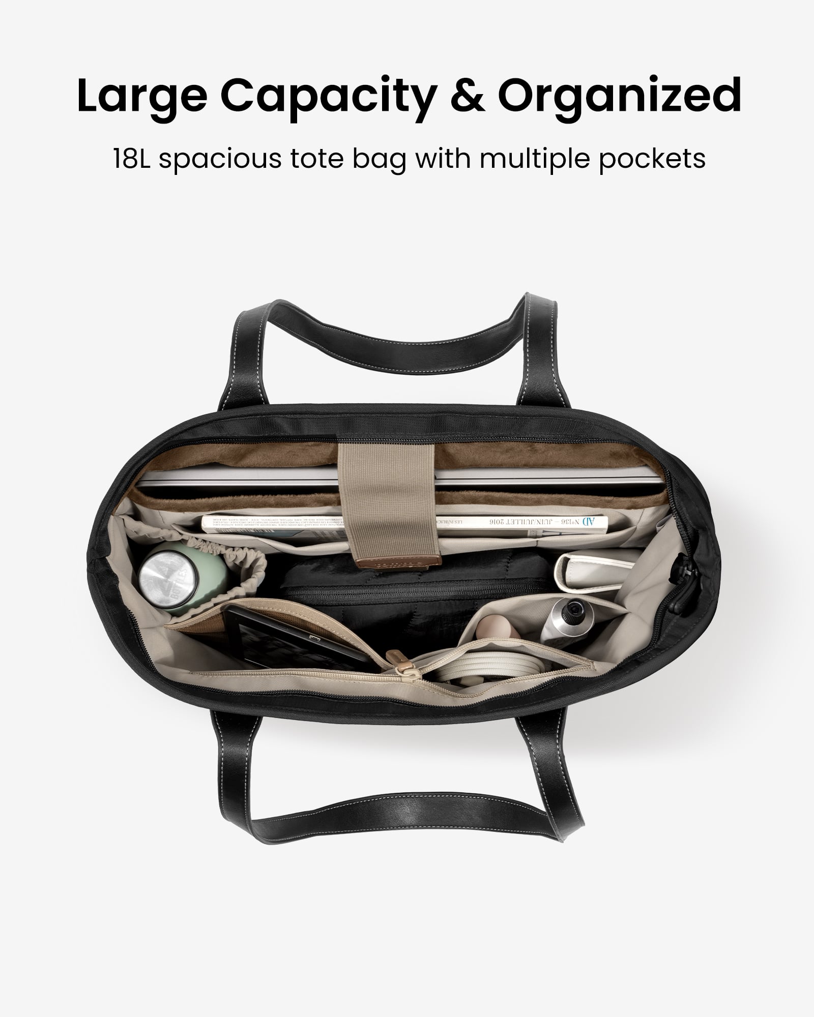Large Capacity & Organized: 18L spacious tote bag with multiple pockets.