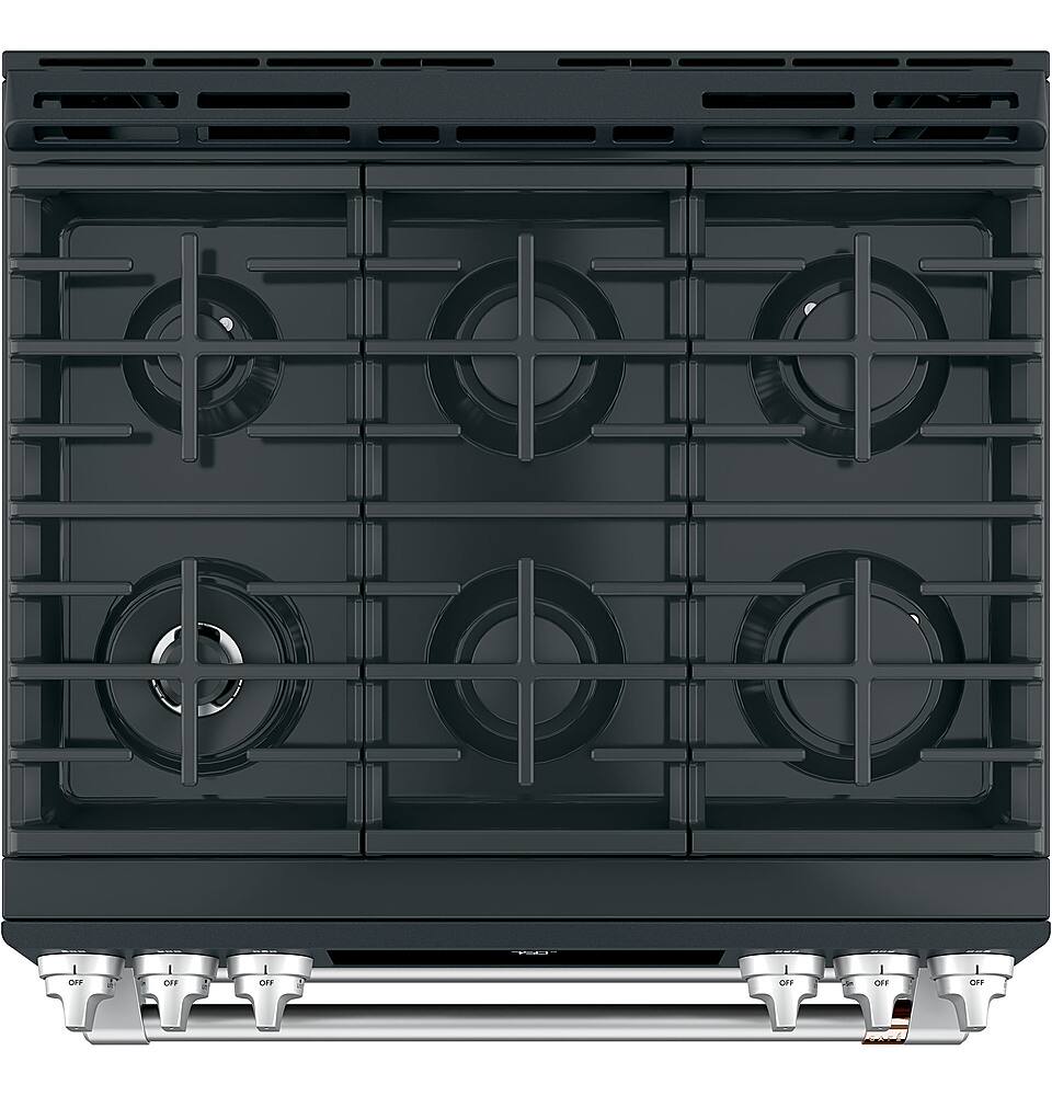 Left. Café - 6.7 Cu. Ft. Slide-In Double Oven Gas True Convection Range with Built-In Wi-Fi.