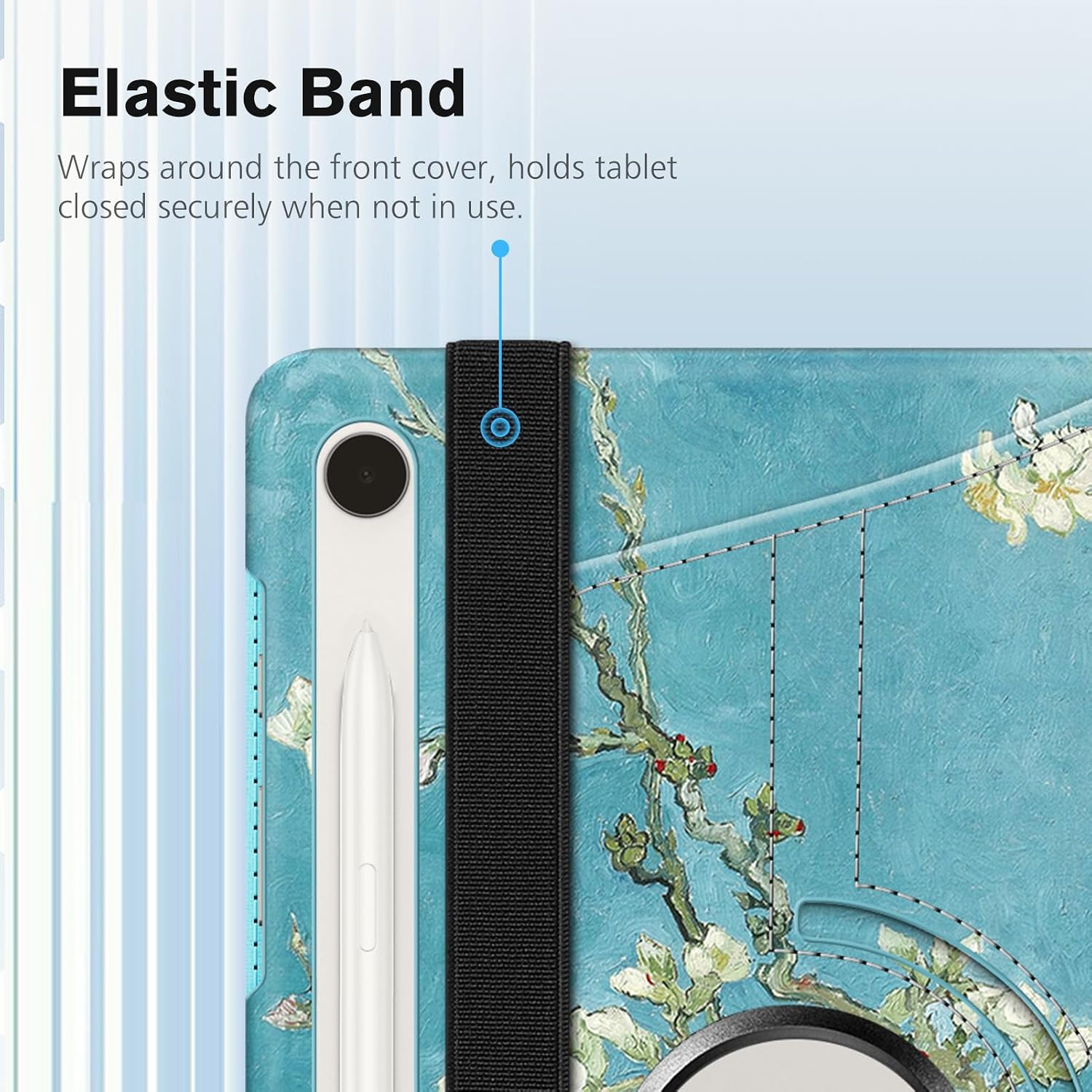 Elastic Band Wraps around the front cover, holds tablet closed securely when not in use.