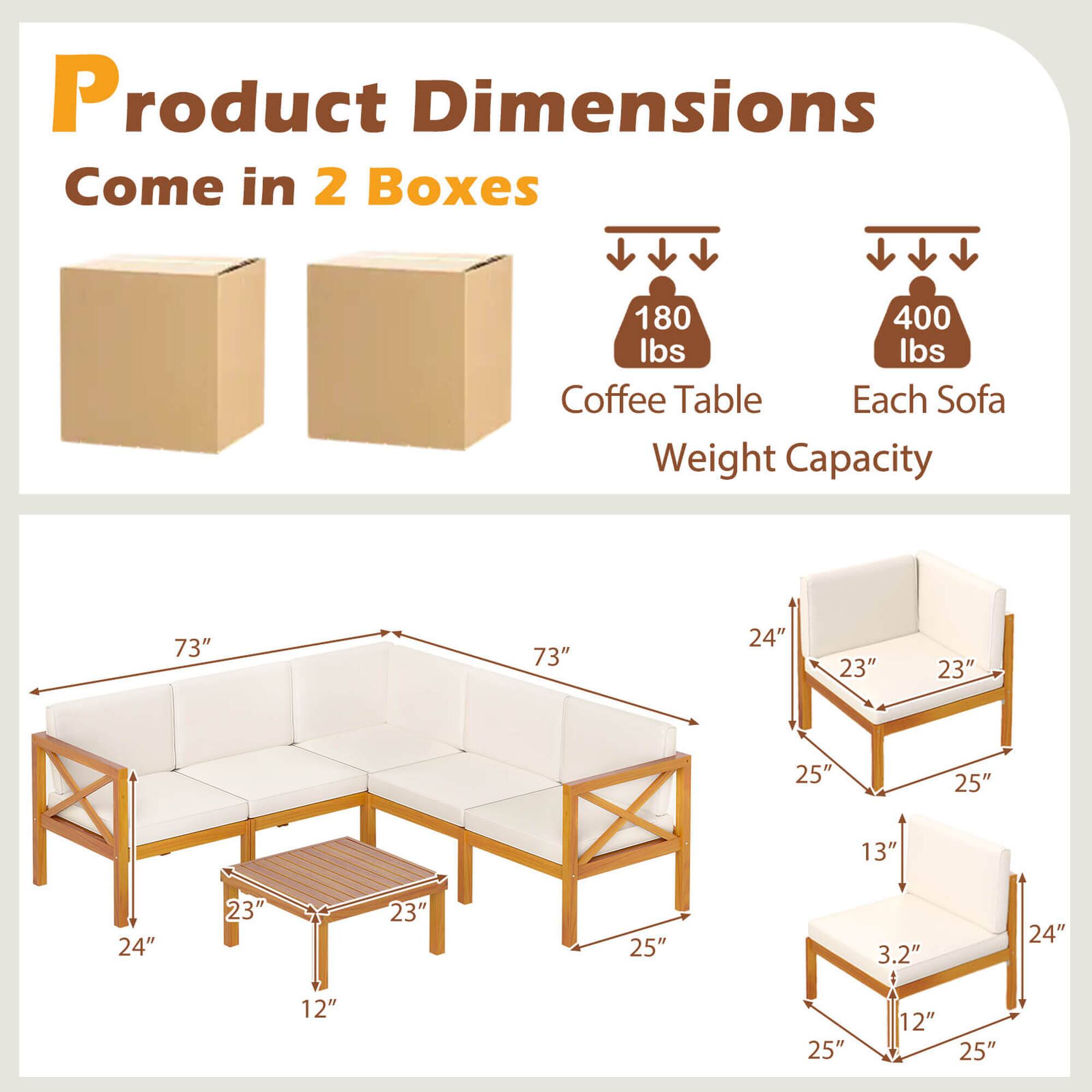 Product Dimensions Come in 2 Boxes

Coffee Table Weight Capacity: 180 lbs
Each Sofa Weight Capacity: 400 lbs

Sofa: 73" x 24" x 25"
Chair: 23" x 25" x 13"
Coffee Table: 23" x 24" x 12"