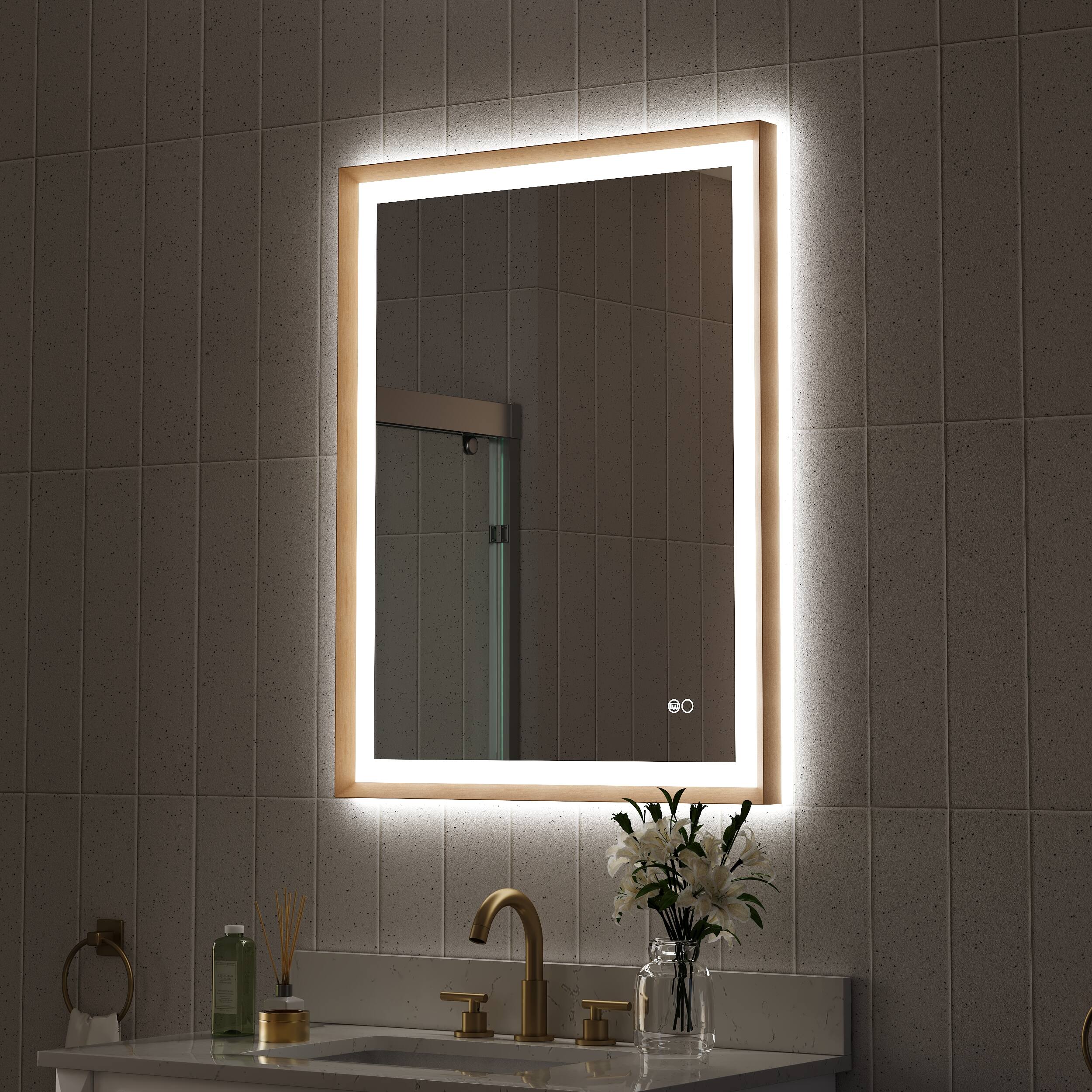 Left. WELLFOR - 28 in. W x 36 in. H Rectangular Single Aluminum Framed Antifog Dimmable Wall Bathroom Vanity Mirror - Gold.