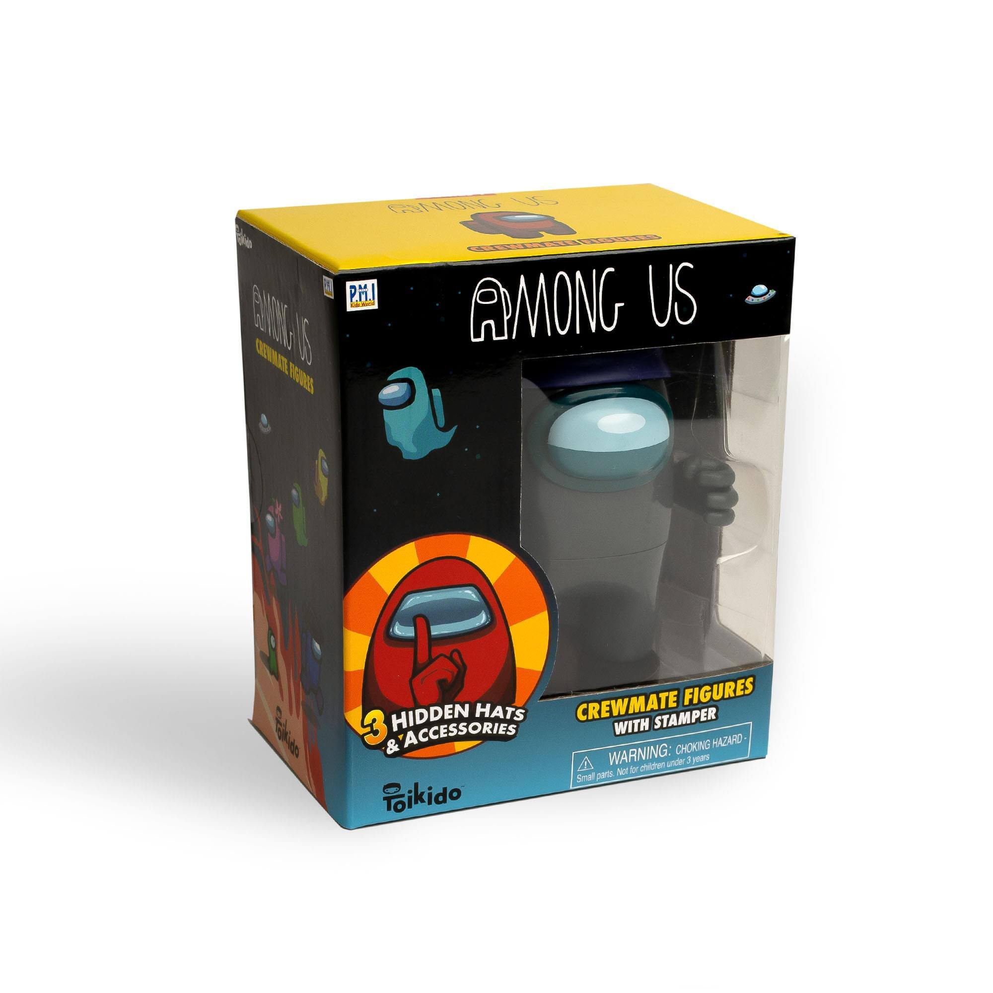 AMONG US  
CREWMATE FIGURES  
3 HIDDEN HATS & ACCESSORIES  
CREWMATE FIGURES WITH STAMPER  
WARNING: CHOKING HAZARD  
Small parts. Not for children under 3 years.  
Toikido