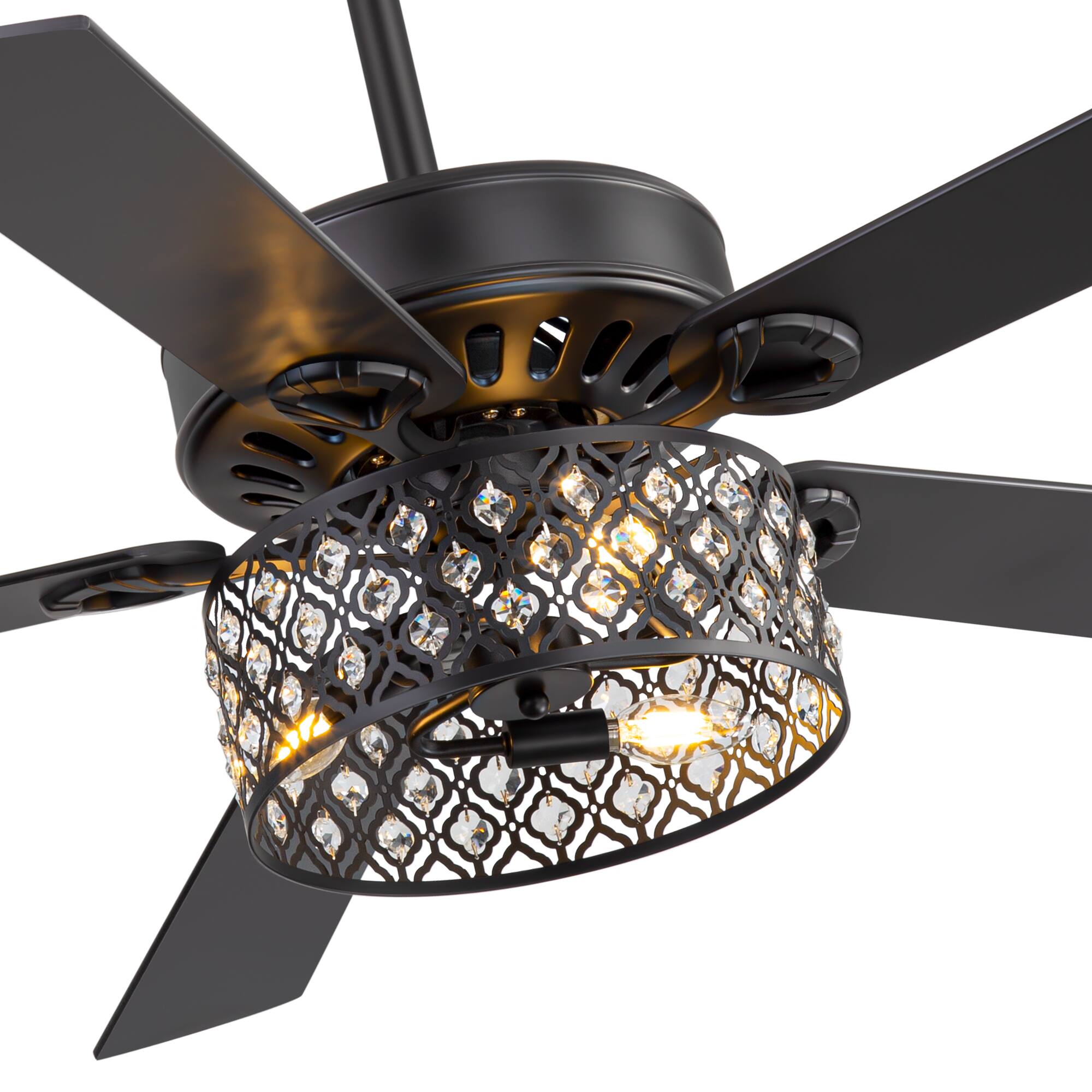 Alt View 10. Breezary - 52 Inch Ceiling Fan with Light, Crystal Drum Shade, 5 Dual-Finish Blades, Remote, 5&10 Inch Downrods - matte black and walnut.