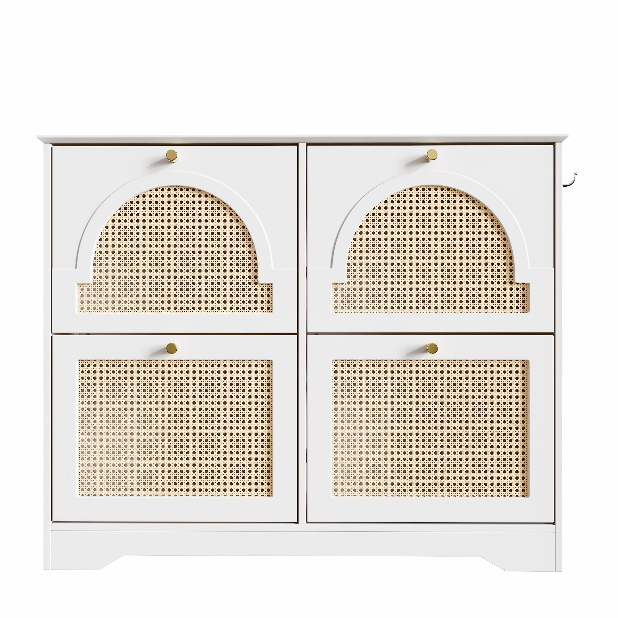 Spaco - 4 Flip-Drawers Narrow Shoe Cabinet, Mid-Century, Rattan Doors, 42.1"W Freestanding with 2 Hooks, Hallway Entryway - White