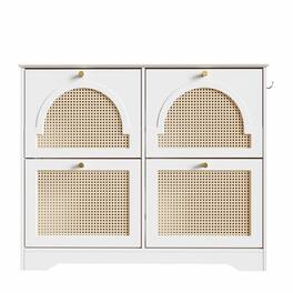 Spaco - 4 Flip-Drawers Narrow Shoe Cabinet, Mid-Century, Rattan Doors, 42.1"W Freestanding with 2 Hooks, Hallway Entryway - White