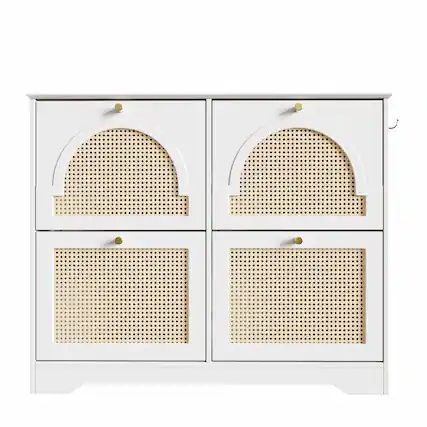 Front. Spaco - Spaco 4 Flip-Drawers Narrow Shoe Cabinet, Mid-Century, Rattan Doors, 42.1"W Freestanding with 2 Hooks, Hallway Entryway - White.