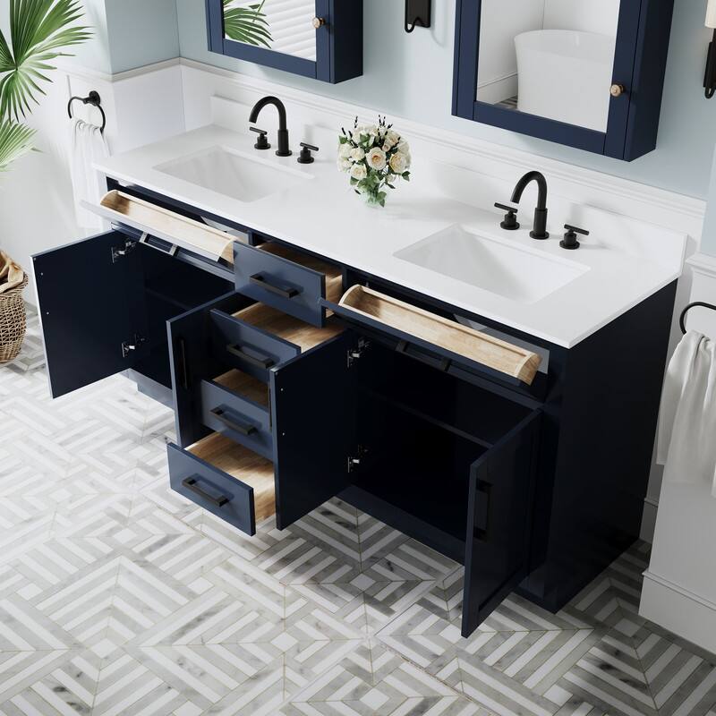 Left. WELLFOR - 72 in Solid Wood Bathroom Vanity with Double Sink,4 Doors,6 Drawers& Cultured Marble Countertop,Matte Black Handle - Navy Blue.