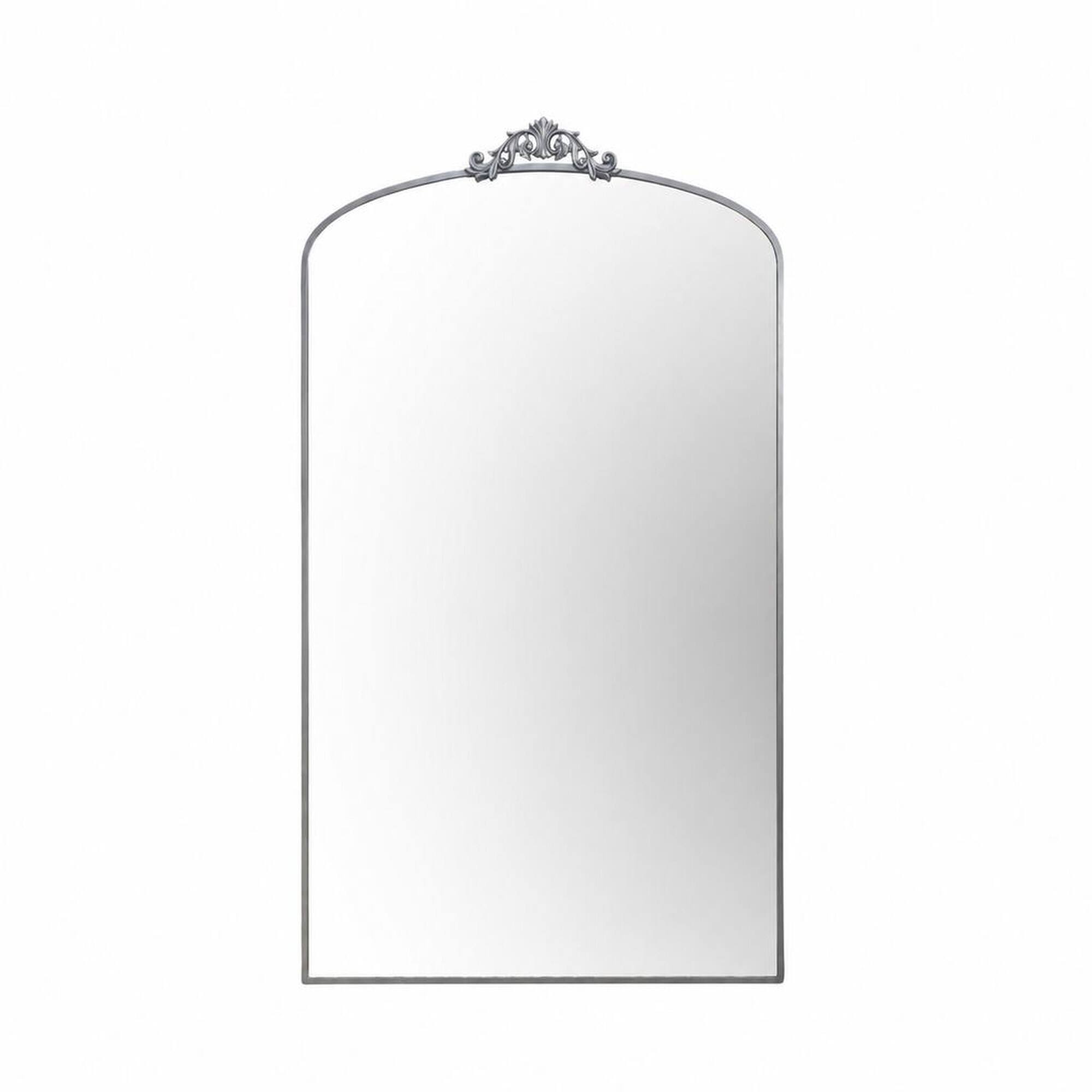 Front. RYHNUYNE - 36x66 Inch Ornate Arched Full Length Floor Mirror, Metal Frame, Antique Silver, Wall Mounted or Leaning - Antique Silver.
