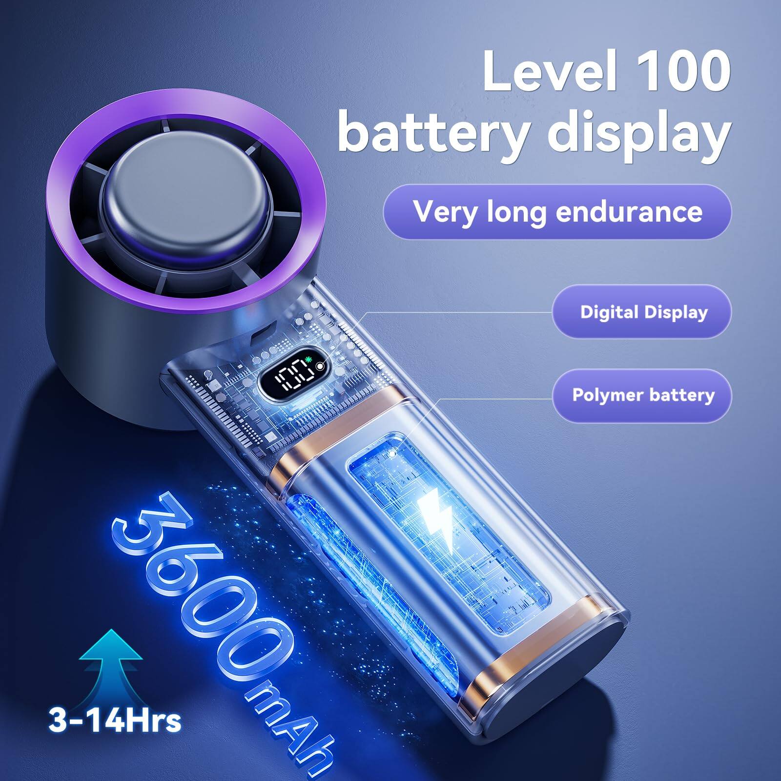 Level 100 battery display  
Very long endurance  
Digital Display  
3600 mAh  
Polymer battery  
3-14Hrs
