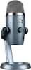 Blue microphone with a volume control.