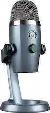 Blue microphone with a volume control.