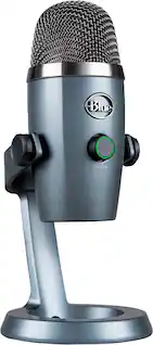 Blue microphone with a volume control.
