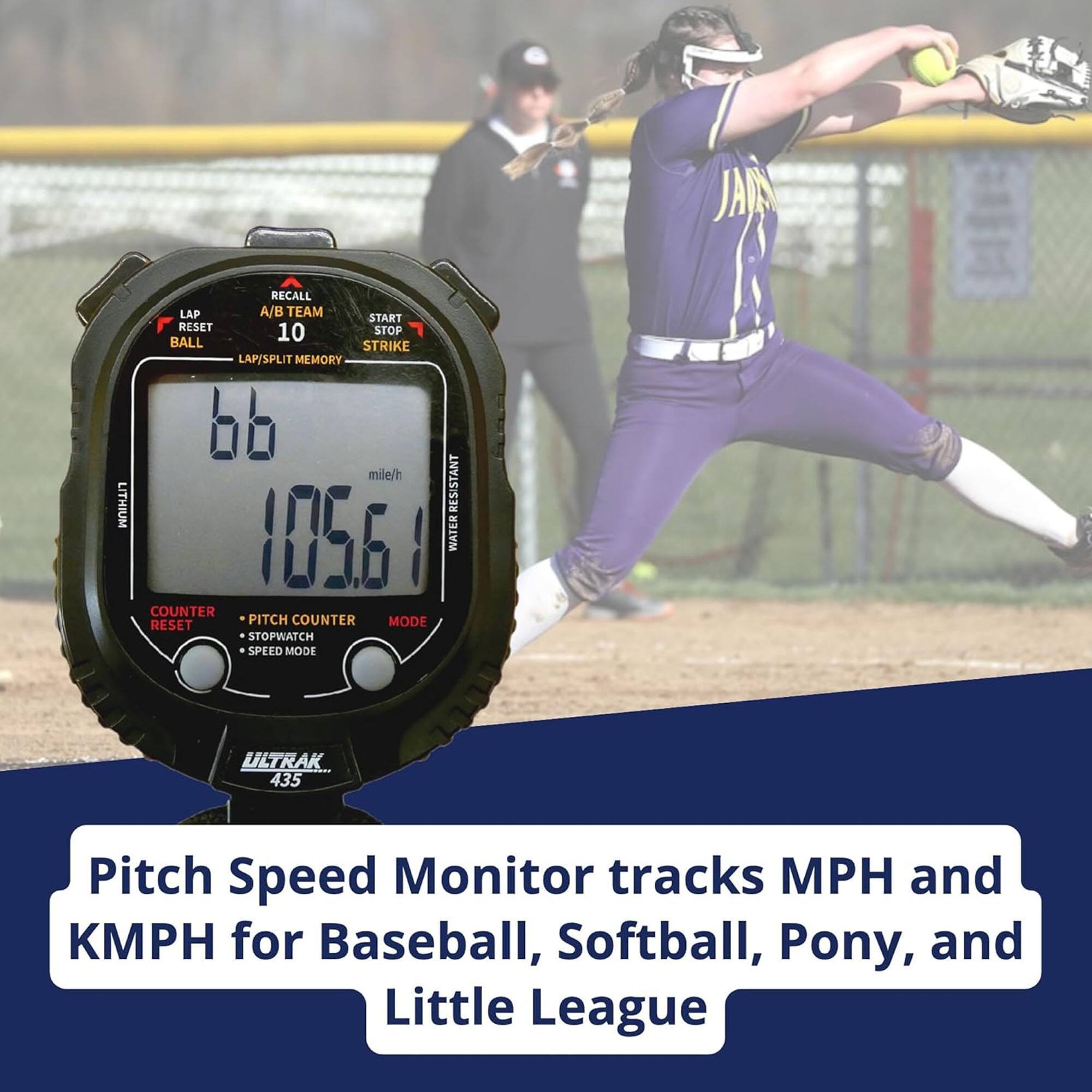 JAIN LITHIUM RECALL LAP A/B TEAM START RESET STOP BALL 10 STRIKE LAP/SPLIT MEMORY 6b mile/h RESISTANT 1056 WATER COUNTER PITCH COUNTER MODE RESET STOPWATCH SPEED MODE ULTRAK 435 Pitch Speed Monitor tracks MPH and KMPH for Baseball, Softball, Pony, and Little League