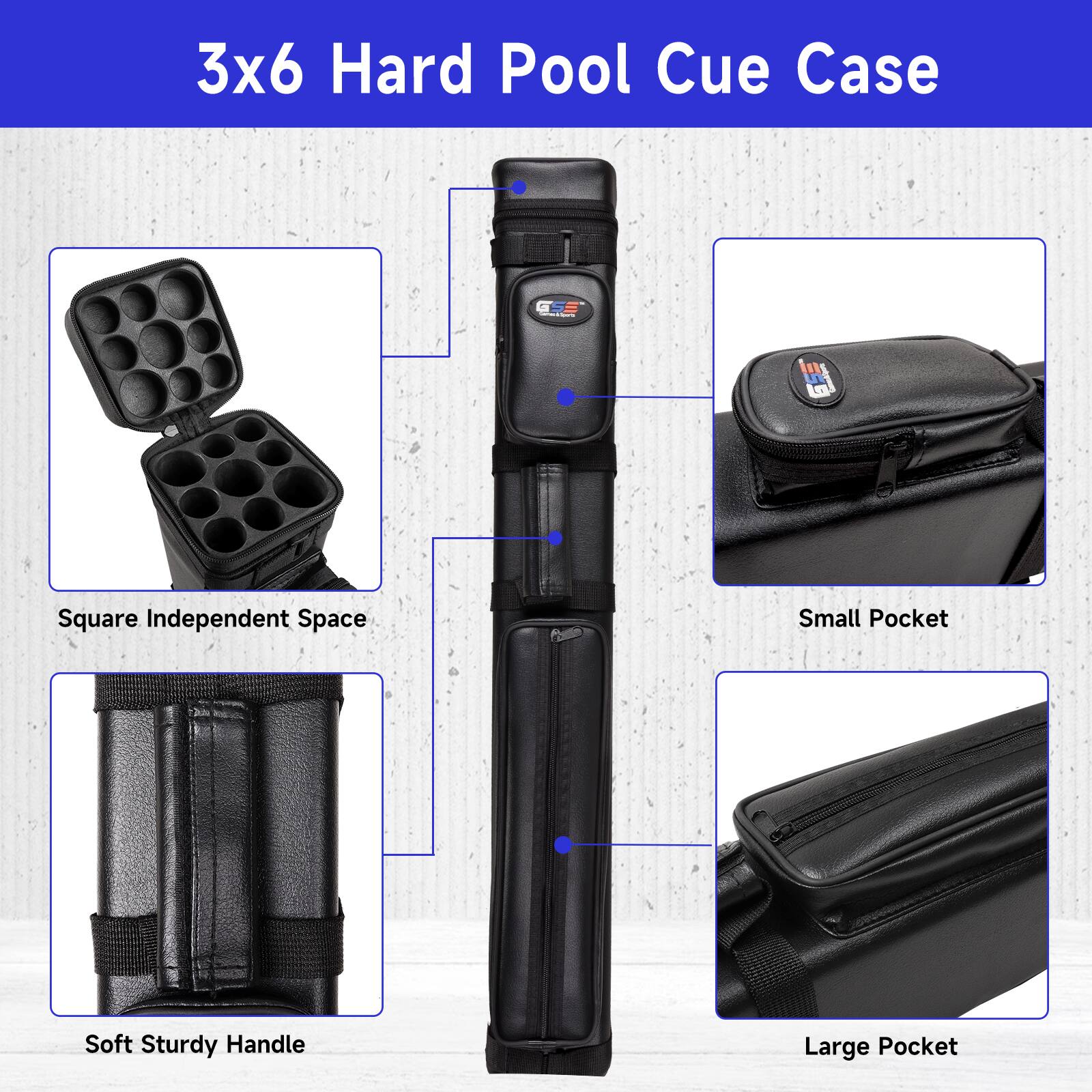 3x6 Hard Pool Cue Case
Square Independent Space
Small Pocket
Soft Sturdy Handle
Large Pocket