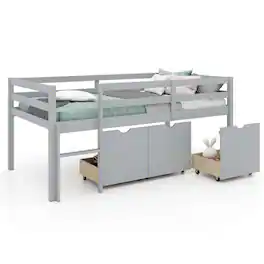 Costway - Twin Size Low Loft Bed with 3 Drawers Ladder & Full-length Guardrails Storage - Gray