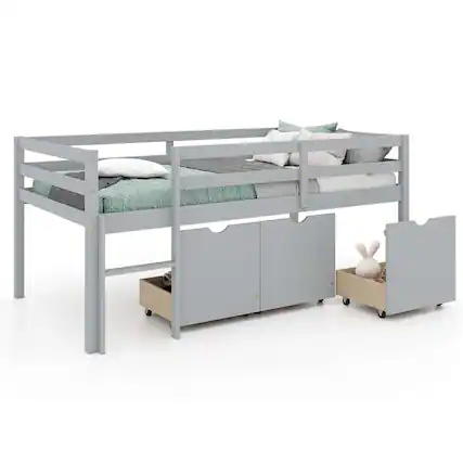 Front. Costway - Twin Size Low Loft Bed with 3 Drawers Ladder & Full-length Guardrails Storage - Grey.