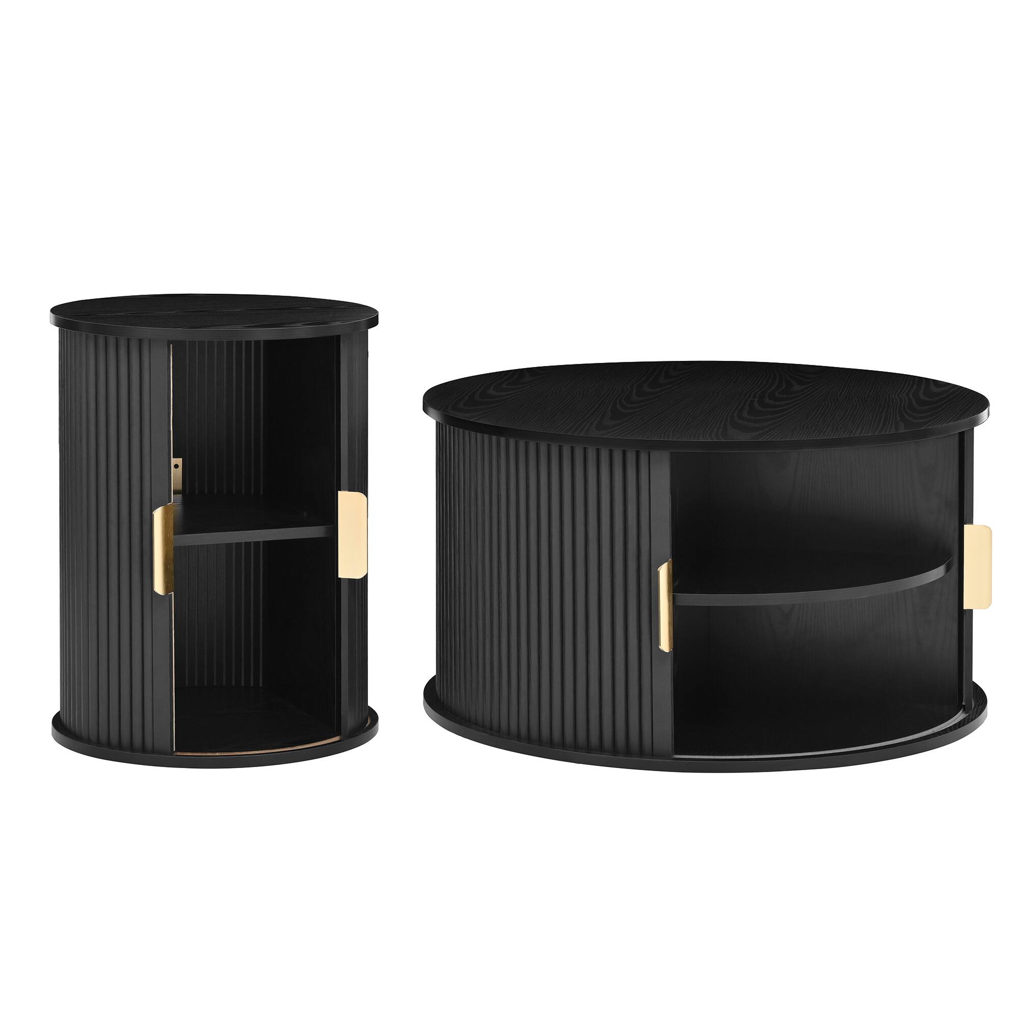 Alt View 7. Tiramisubest - Mid-Century Coffee & Side Table Set of 2 with Tambour Door,Fluted Design,Golden Handle Tall & Low Side Table,Black - Black.