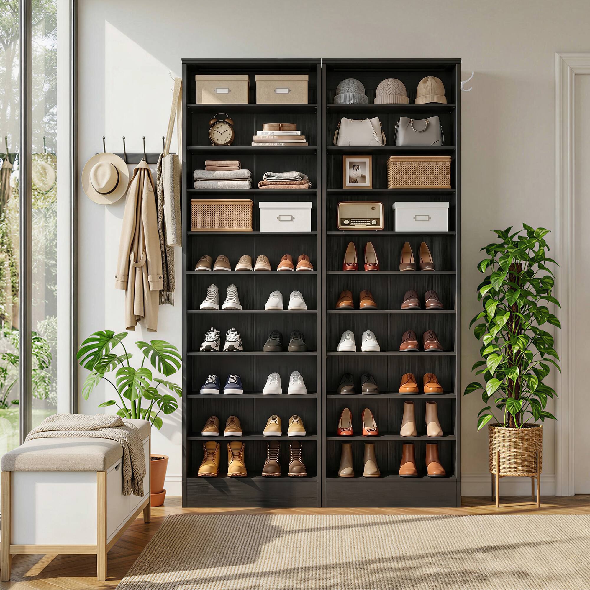 Alt View 2. Aheaplus - 79.5'' Tall 10-Tier Freestanding Wooden Shoe Rack Tower with 2 Hooks, 2 Packs - Black.