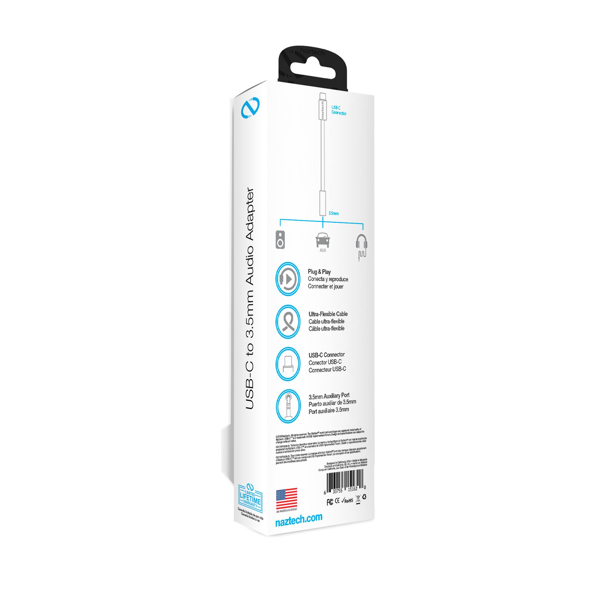 naztech - VBC Sado Adapter Audio 3.5mm to USB-C 15mm AR Plug & Play Canecta 1 reproduce Connecter e pue Ultra-Flexible Cable Cabble uts fnke Cable uto Sexble USB-C Connector Conector USB-C Sem Accxdary Pot Pueto qusier de 31.5mm Pot aud ae 3 Jem - 5 HOr 1 - 30%5 LFETIME I  FC AE fie - - naztech.com