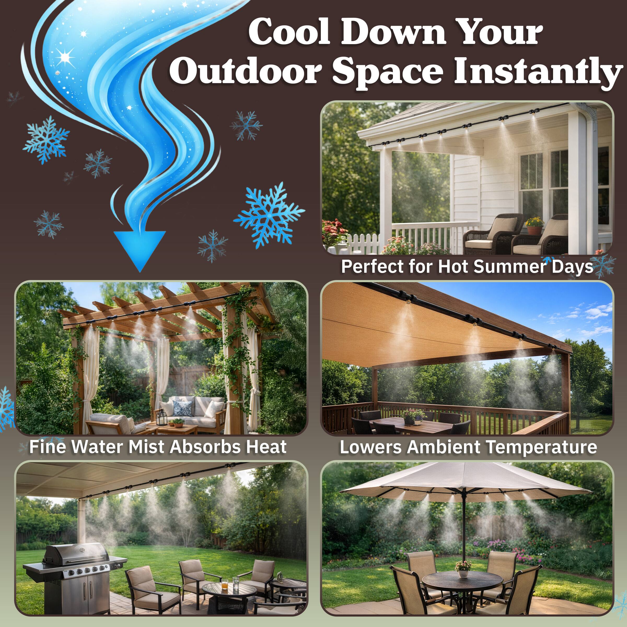 Cool Down Your Outdoor Space Instantly

Perfect for Hot Summer Days

Fine Water Mist Absorbs Heat

Lowers Ambient Temperature