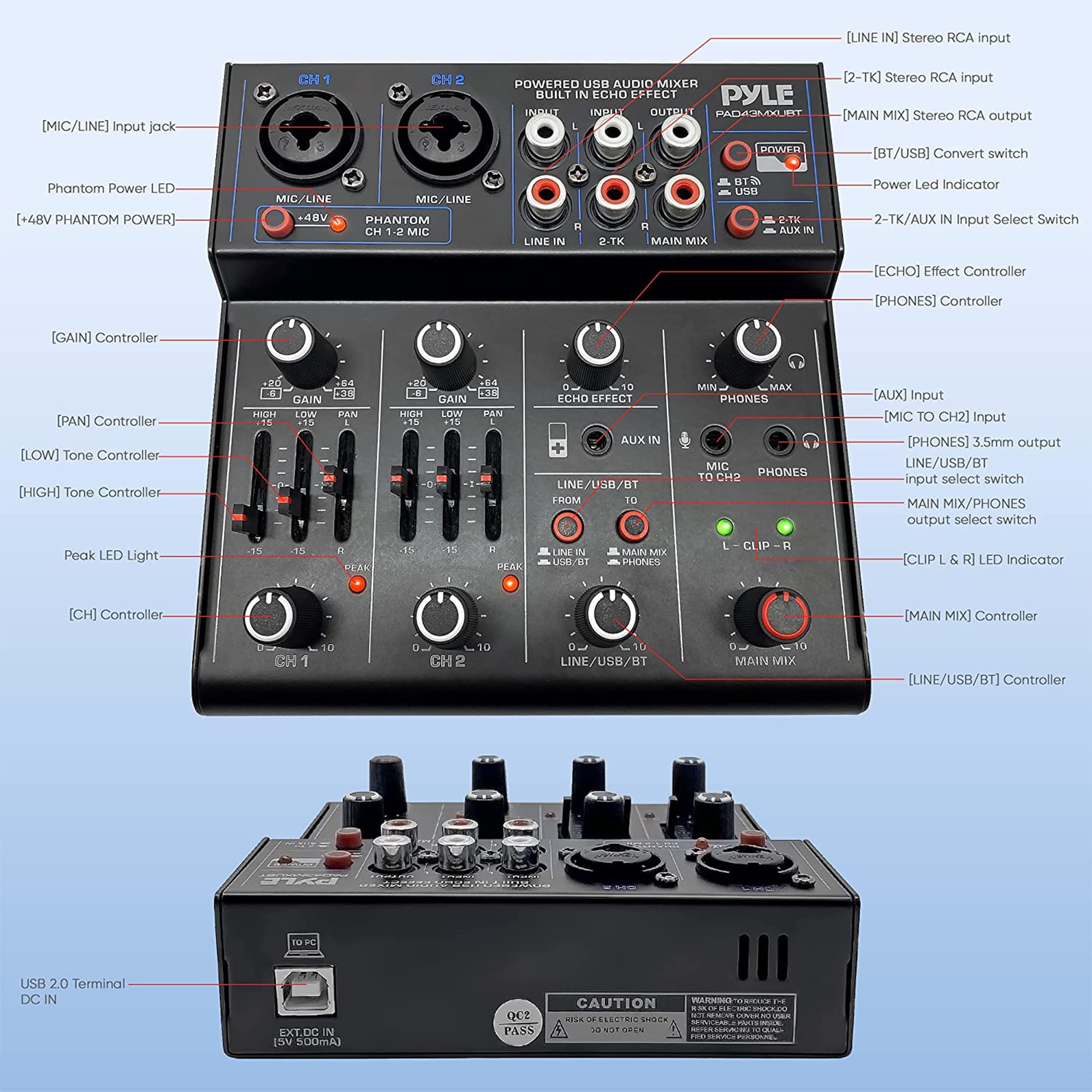 **Stereo RCA Input**  
- [LINE IN] Stereo RCA input  
- [2-TK] Stereo RCA input  

**USB Audio Mixer**  
- BUILT IN ECHO EFFECT  

**Power**  
- POWERED  
- Power Led Indicator  

**Input Jacks**  
- [MIC/LINE] Input jack CH 1 CH 2  
- Phantom Power LED [+48V PHANTOM POWER]  
- MIC/LINE VBD+ PHANTOM CH 1.2  
- MIC LINE IN 2.TK  

**Controls**  
- [GAIN] Controller  
- [PAN] Controller  
- [LOW] Tone Controller  
- [HIGH] Tone Controller  
- [ECHO] Effect Controller  
- [PHONES] Controller  
- [CH] Controller  
- [MAIN MIX] Controller  

**Outputs**  
- [MAIN MIX] Stereo RCA output  
- [PHONES] 3.5mm output  
- [AUX] Input  
- [MIC TO CH2] Input  

**Switches**  
- [BT/USB] Convert switch  
- 2-TK/AUX IN Input Select Switch  
- MAIN MIX/PHONES output select switch  
- LINE/USB/BT