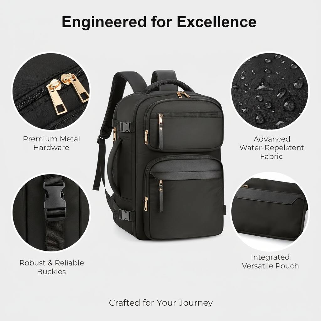 Engineered for Excellence

Premium Metal Hardware  
Advanced Water-Repellent Fabric  
Robust & Reliable Buckles  
Integrated Versatile Pouch  

Crafted for Your Journey