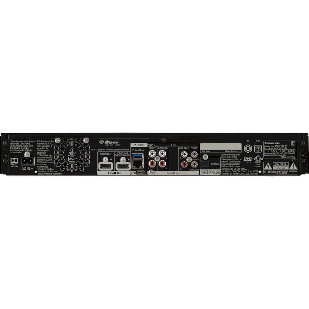 Back. Panasonic - Streaming 4K Ultra HD Hi-Res Audio with Dolby Vision 7.1 Channel DVD/CD/3D Wi-Fi Built-In Blu-Ray Player, DP-UB820-K - Black.