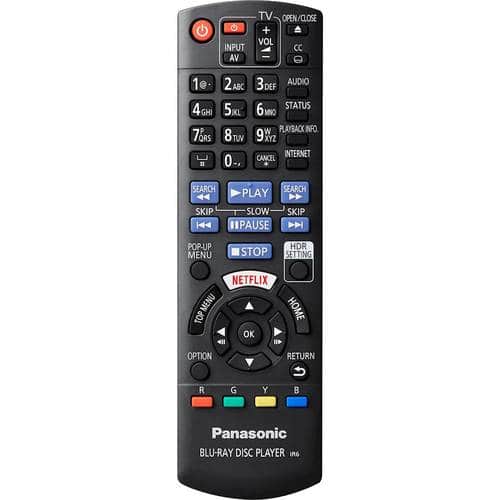 Remote Control. Panasonic - Streaming 4K Ultra HD Hi-Res Audio with Dolby Vision 7.1 Channel DVD/CD/3D Wi-Fi Built-In Blu-Ray Player, DP-UB820-K - Black.