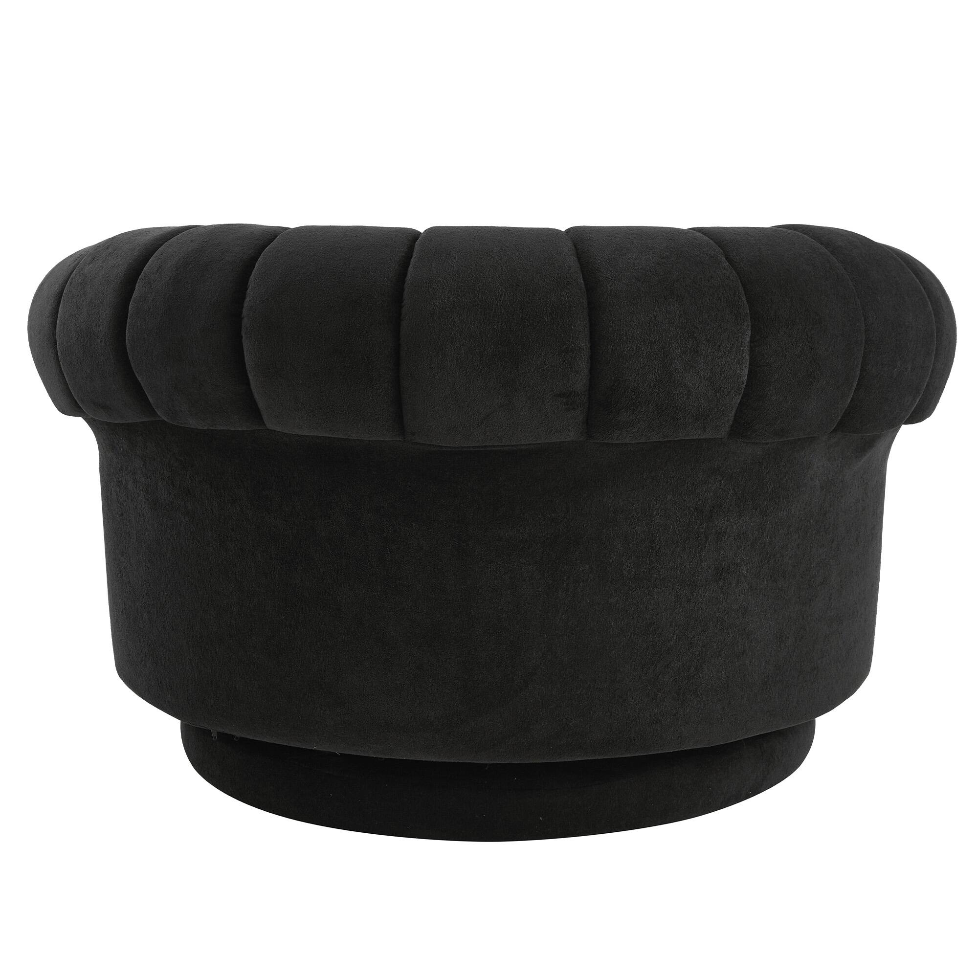 Left. Whisen - 45.9" Oversized Round Swivel Sofa Accent Chair with Tufted Back and Chenille Upholstery - Black.