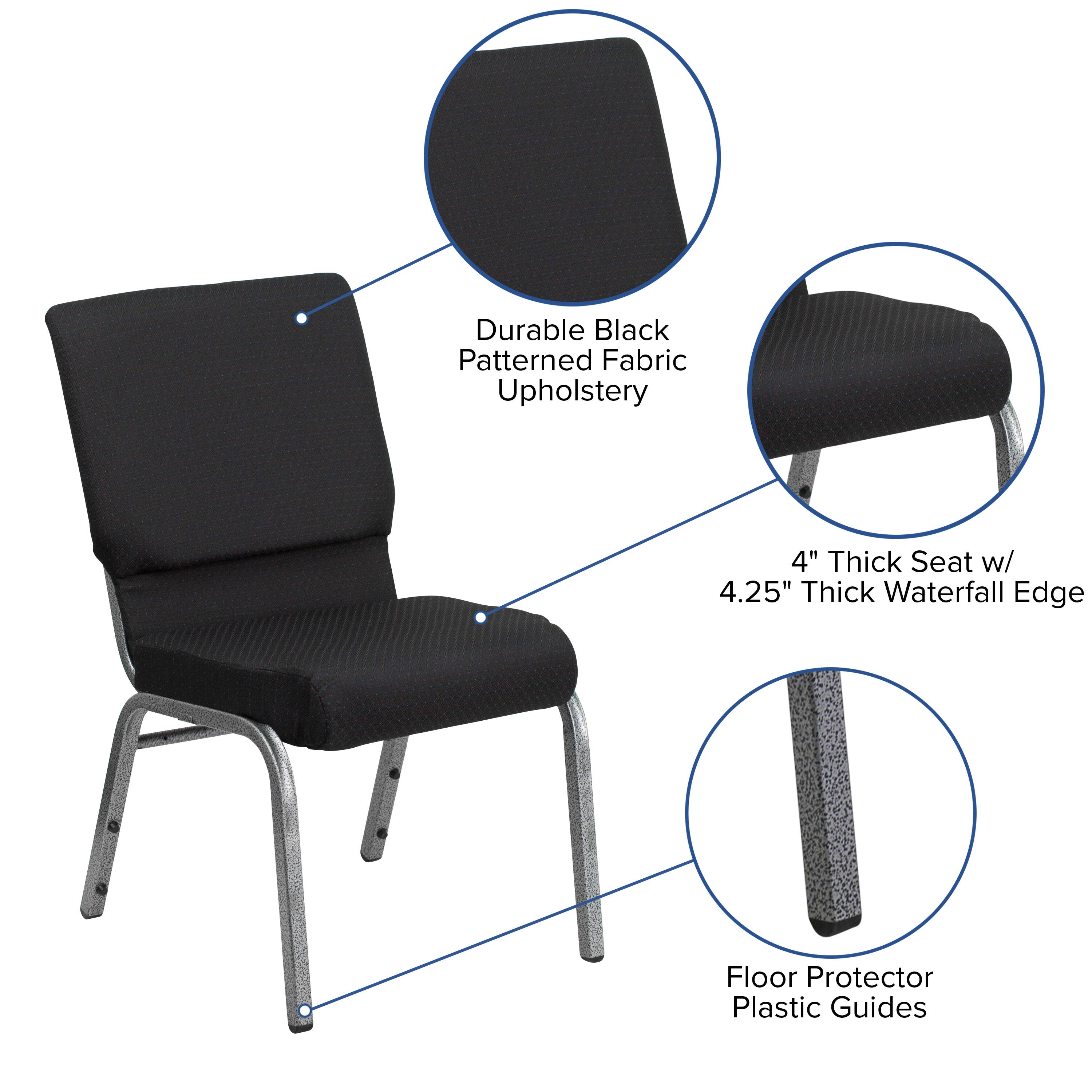 Durable Black Patterned Fabric Upholstery  
4" Thick Seat w/ 4.25" Thick Waterfall Edge  
Floor Protector Plastic Guides