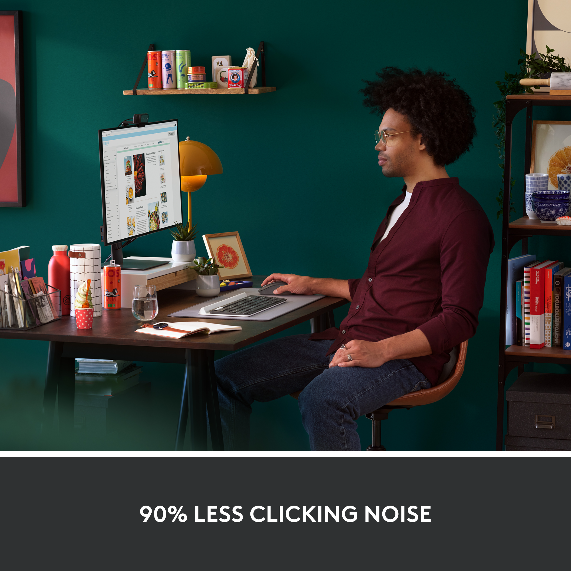 The text on the image reads "90% LESS CLICKING NOISE."