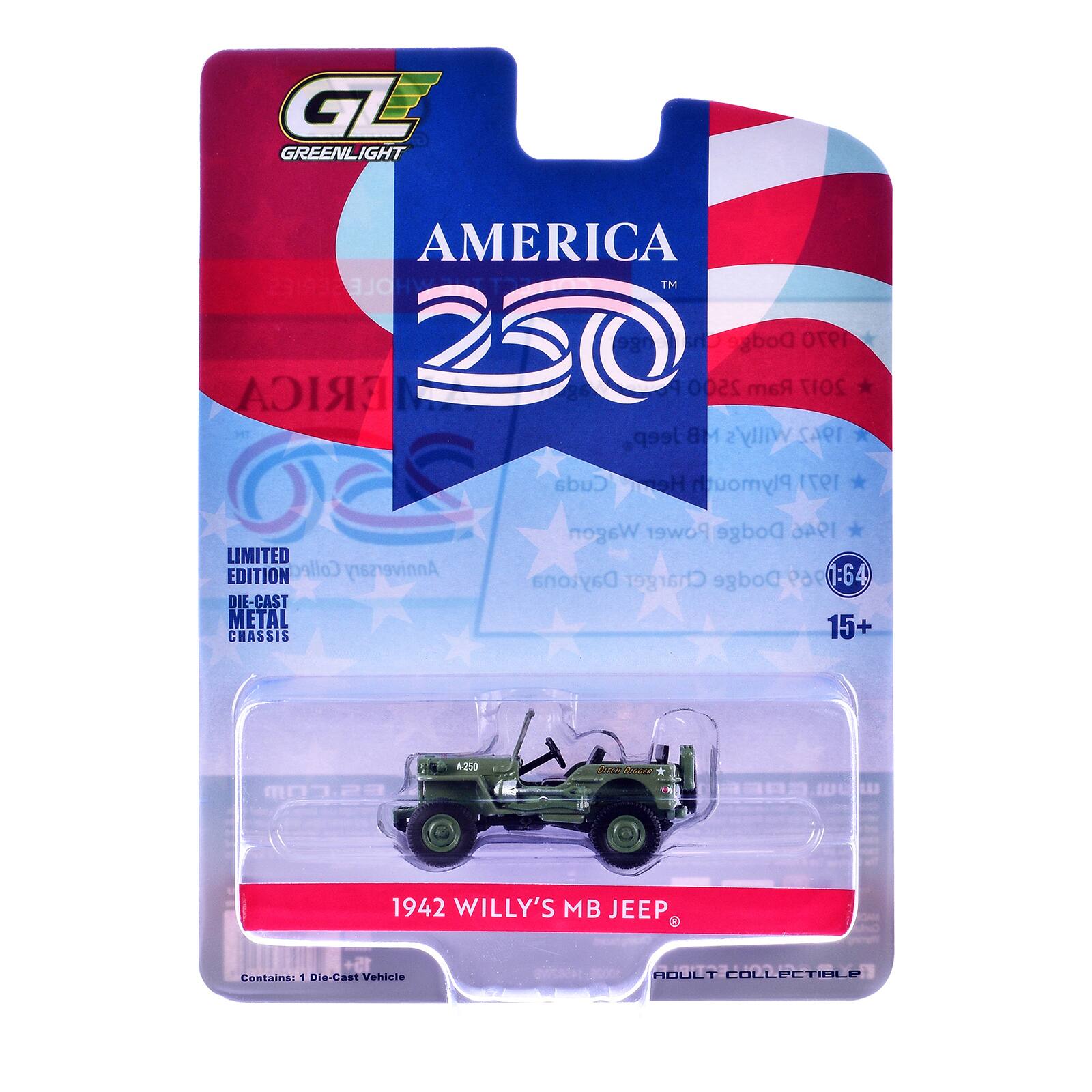 GREENLIGHT AMERICA 250 LIMITED EDITION DIE-CAST METAL CHASSIS 1942 WILLY'S MB JEEP 1:64 15+ Contains: 1 Die-Cast Vehicle