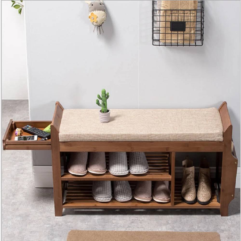 Left. Hivvago - Solid Wood Entryway Shoe Rack Storage Bench with Cushioned Seat 2 Shelves and Drawer - Brown.