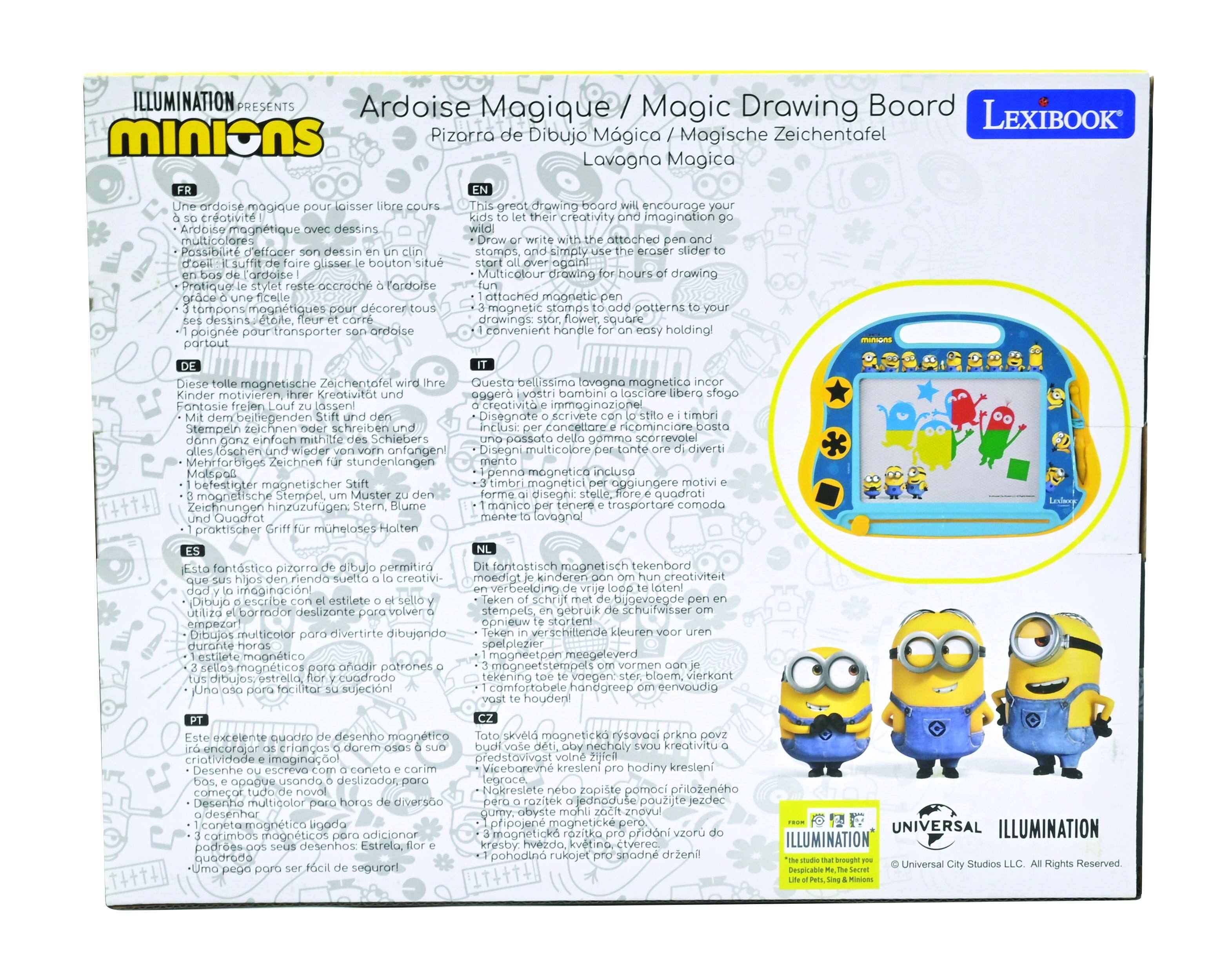 ILLUMINATION PRESENTS  
Ardoise Magique / Magic Drawing Board  
Pizarra de Dibujo Mágica / Magische Zeichentafel  
Lavagna Magica  

FR  
Une ardoise magique pour laisser libre cours à sa créativité !  
- Ardoise magnétique avec dessins  
- Possibilité d'effacer son dessin en un clin d'œil : il suffit de faire glisser le chiffon en bas de l'ardoise  
- L'ardoise reste accrochée à l'ardoise magique grâce à son support  
- 3 trompons magnétiques pour décorer ses dessins : étoile, fleur, cœur  
- 1 poignée pour transporter son ardoise  

DE  
Dieser tolle magnetische Zeichentafel wird Kinder motivieren, ihre Kreativität und Fantasie zu entwickeln.  
- Magnetische Stift und der attached eraser  
- Stempel zeichnen oder schreiben und dann ganz einfach mit dem attached eraser loswischen  
- 3 magnetische Stempel, um Muster zu deinen Zeichnungen hinzuz