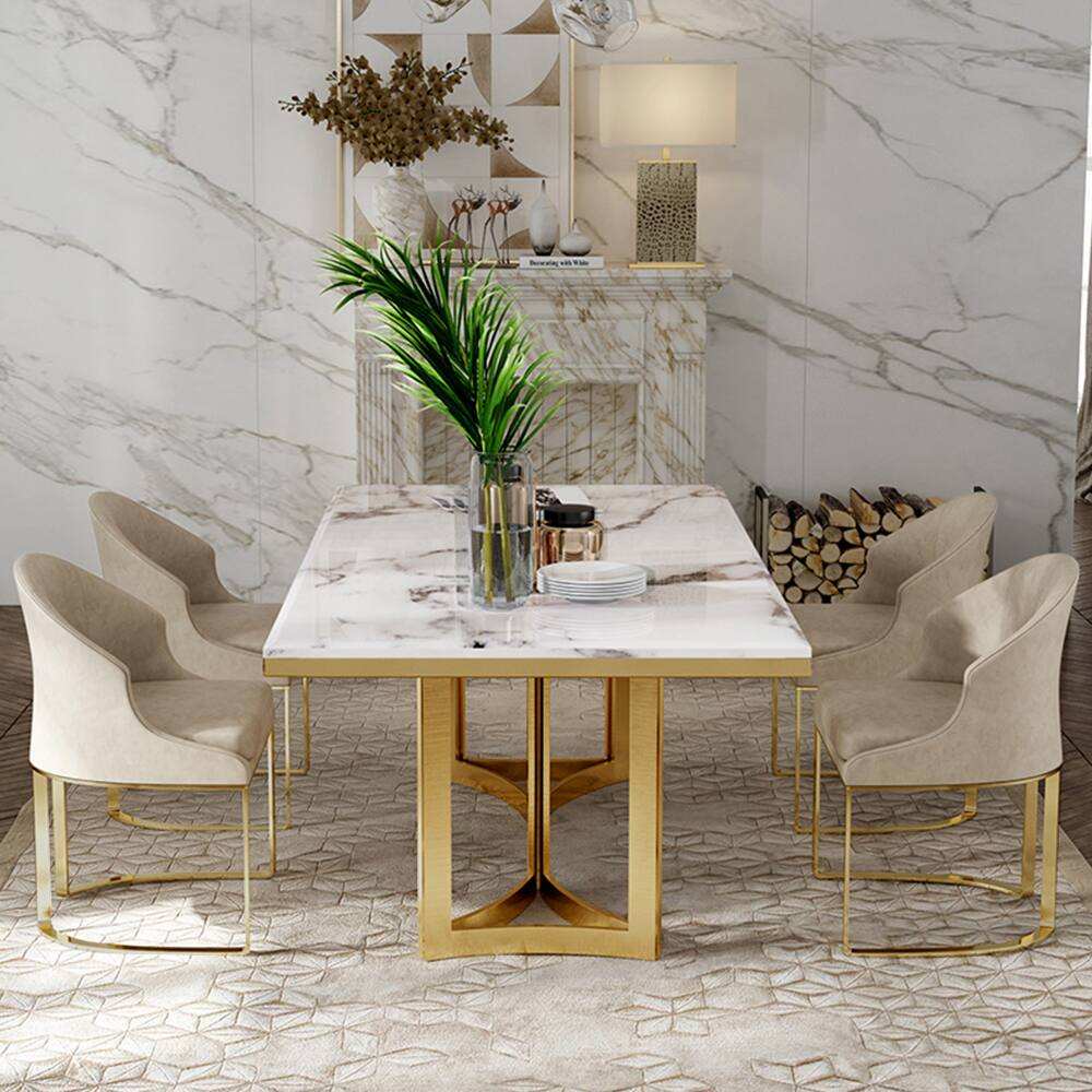 Left. POVISON - 71"Bura Modern Faux Marble Dining Table For 6, White Rectangular Tabletop Gold Stainless Legs - White.