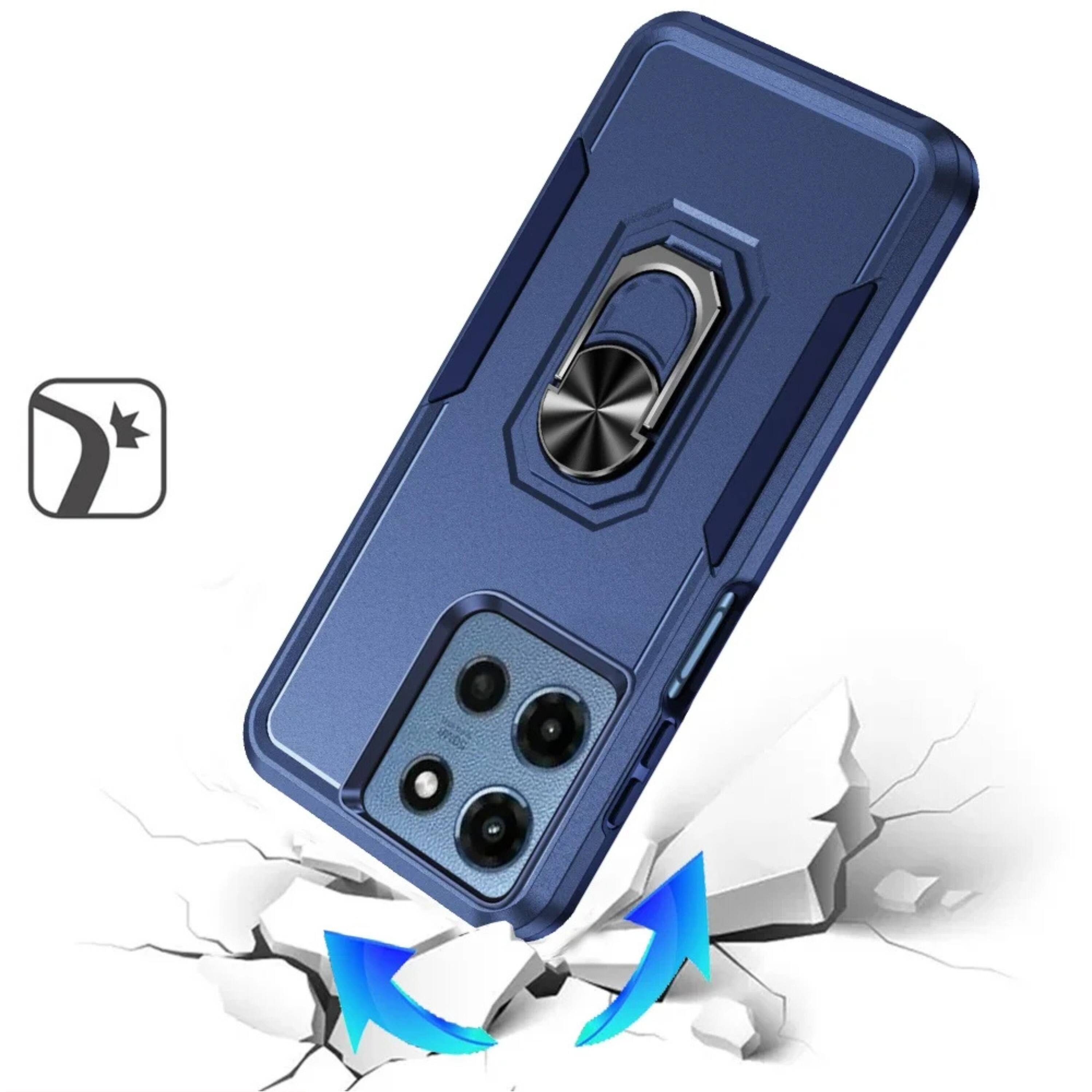 Back. Kitcheniva - Hard Outer Shell Soft Inner Rubber Phone Case With Metal Ring Stand Tempered Glass For Moto G 2025/2026/G Play 2026 Blue - Blue.