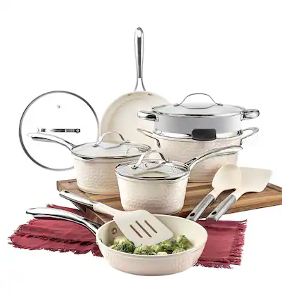 Front. Gotham Steel - Gotham Steel Hammered Cream 15-Piece Ultra Ceramic Nonstick Cookware Set with Utensils - Cream.