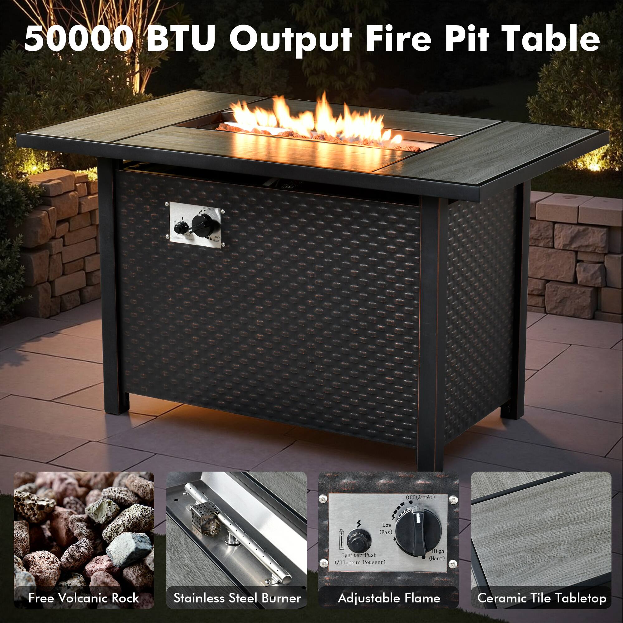 50000 BTU Output Fire Pit Table

- Free Volcanic Rock
- Stainless Steel Burner
- Adjustable Flame
- Ceramic Tile Tabletop