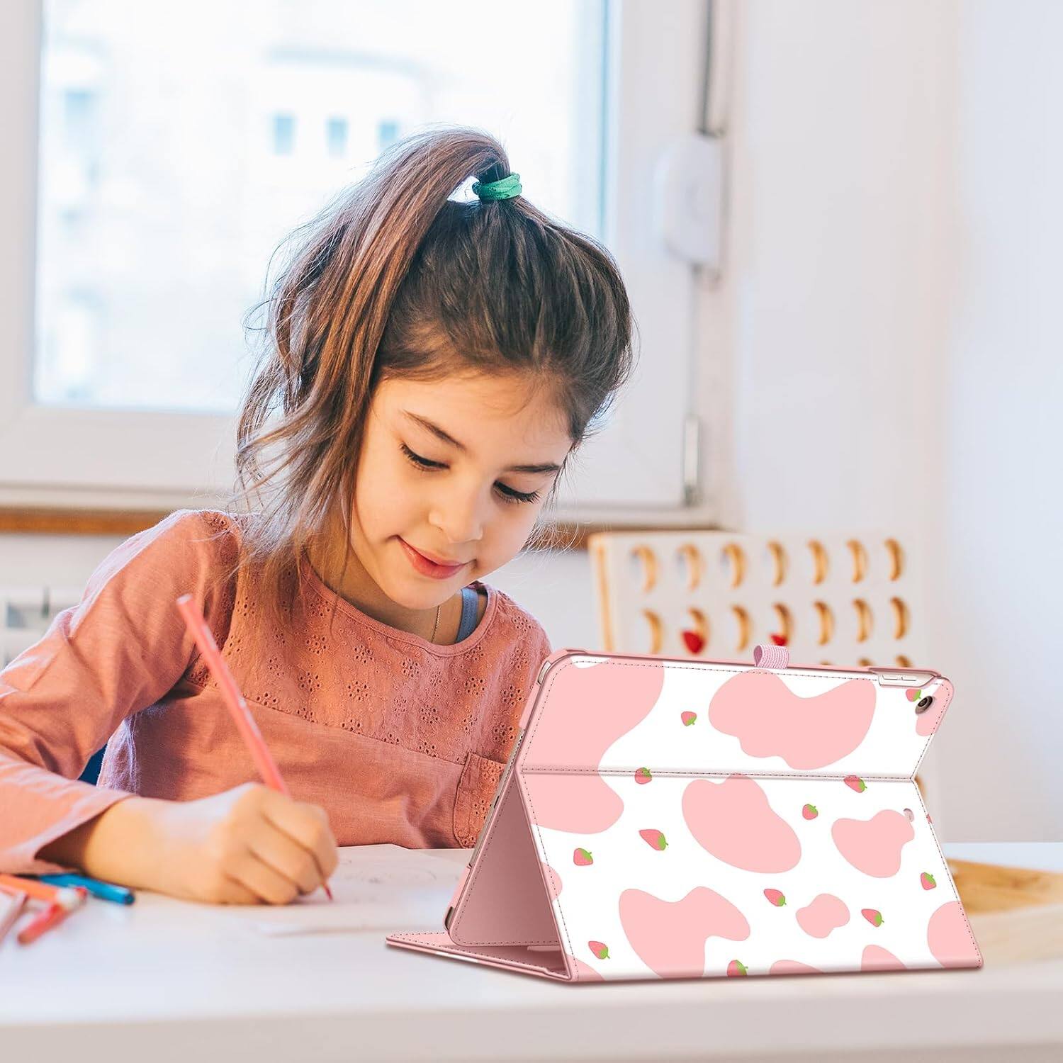 Alt View 2. Fintie - Case for iPad 9th/8th/7th Generation 10.2 Inch Multi-Angle Viewing Folio Stand Cover Auto Wake/Sleep - Strawberry Cow.