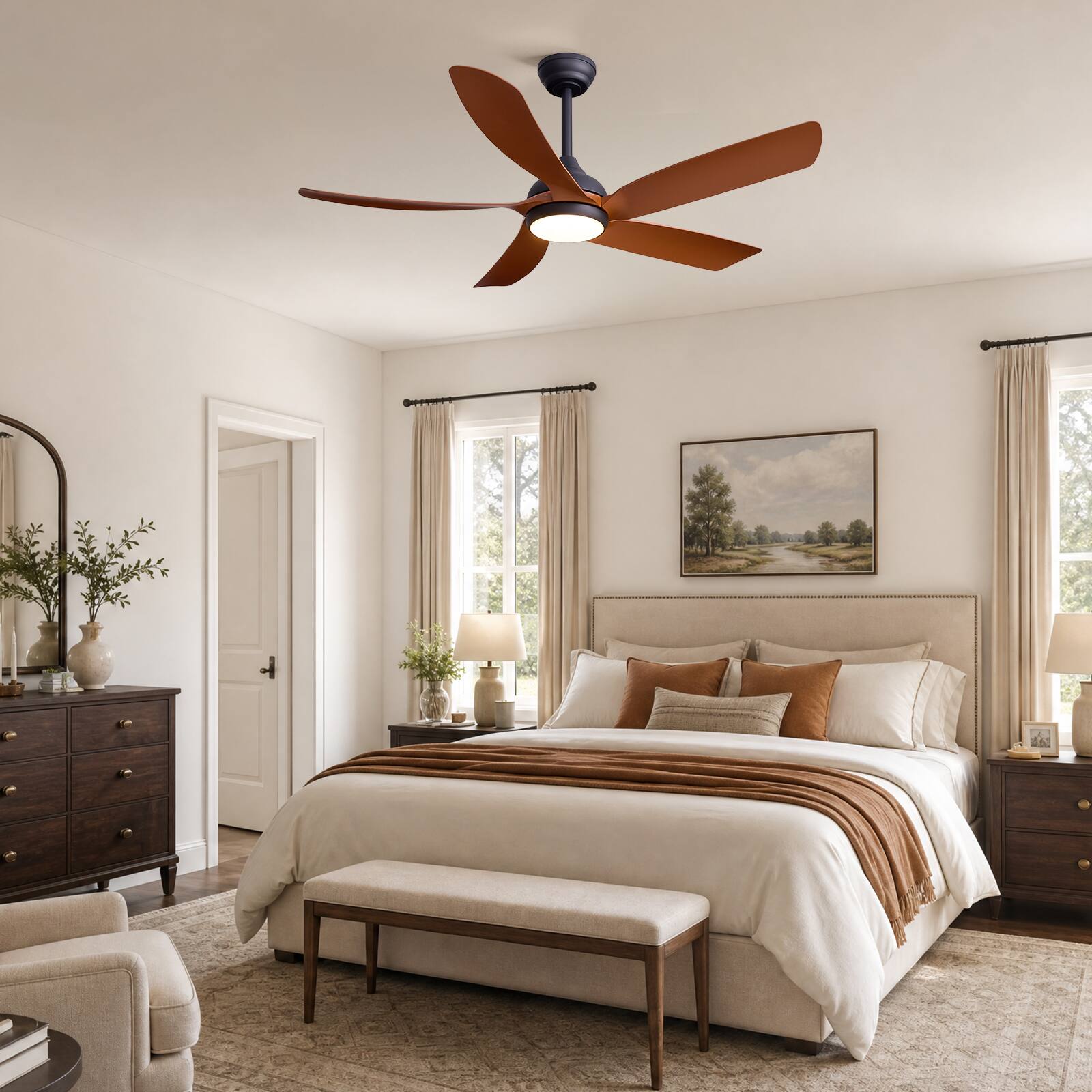 Angle. Siljoy - 52 in Wood Grain 5 Blade Ceiling Fan with Integrated LED Light Remote App Control for Bedroom Living Room - BROWN.