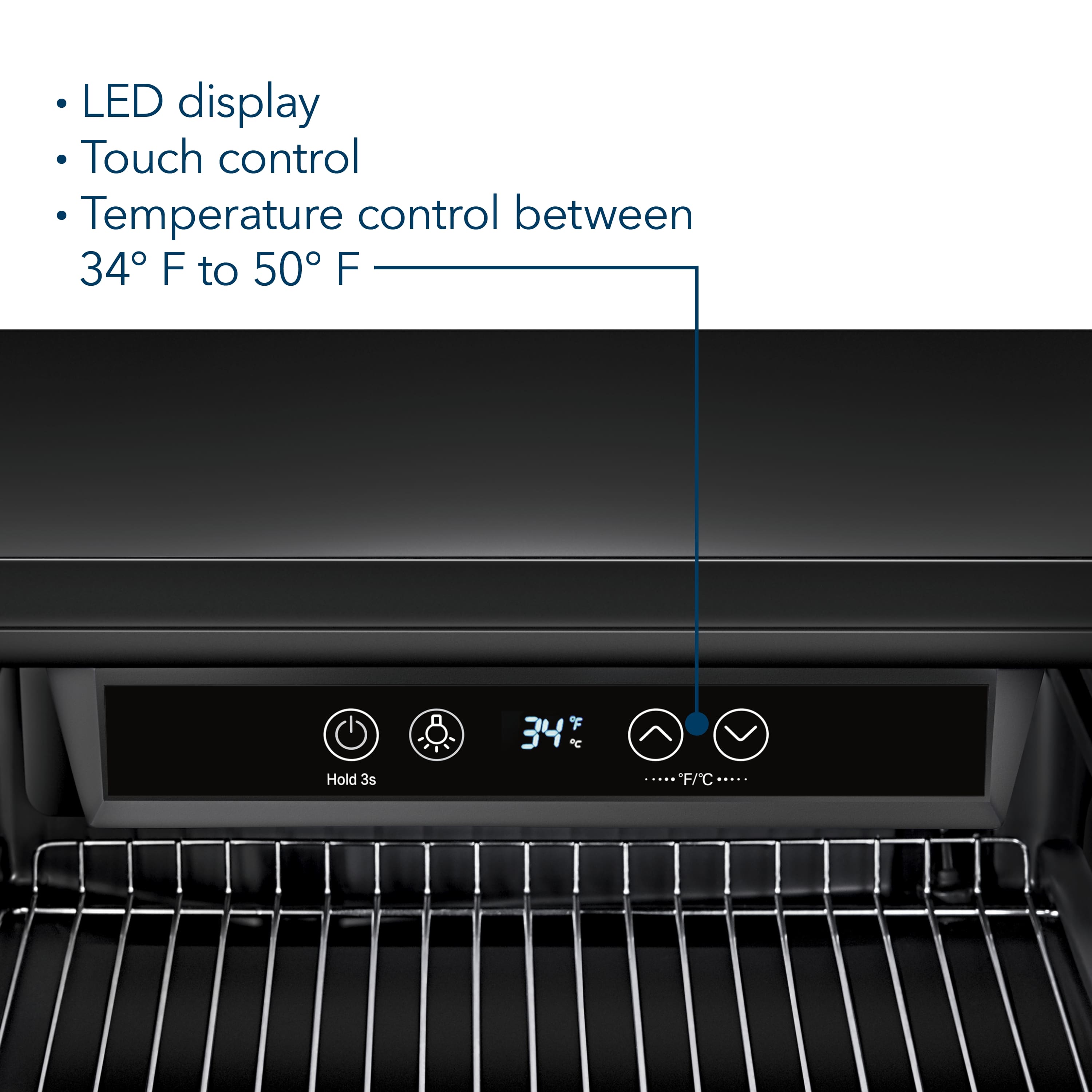The text on the image states that the oven has a LED display, a touch control, and a temperature control between 34°F to 50°F. The oven also has a hold function that can be activated by holding the 3s button.